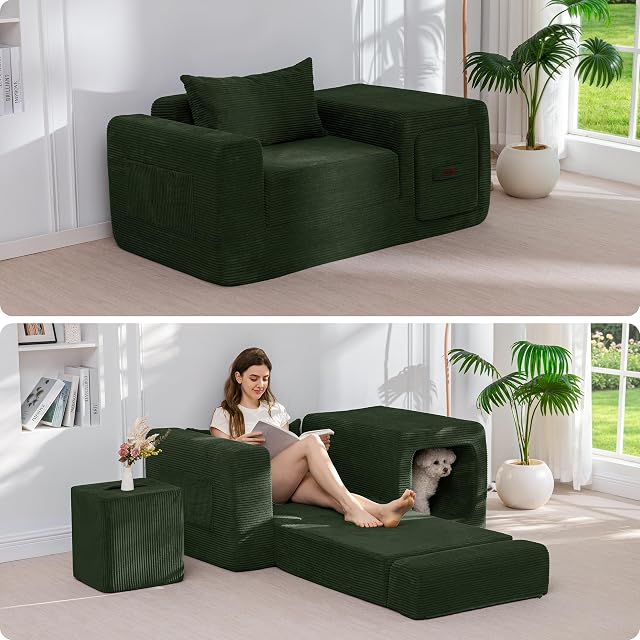 MAXYOYO Dark Green Multifunctional Folding Sofa Couch with Armrest and Pillow
