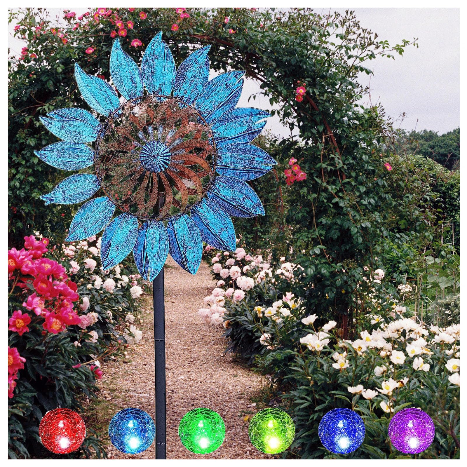 Solaire Sculptures Et Mobiles à Vent, 213cm Moulin à Vent Metal, Globe en Verre avec Moulin à Vent Cinétique Moulin A Vent Jardin Exterieur, pour La DéCoration De Paysage De Cour
