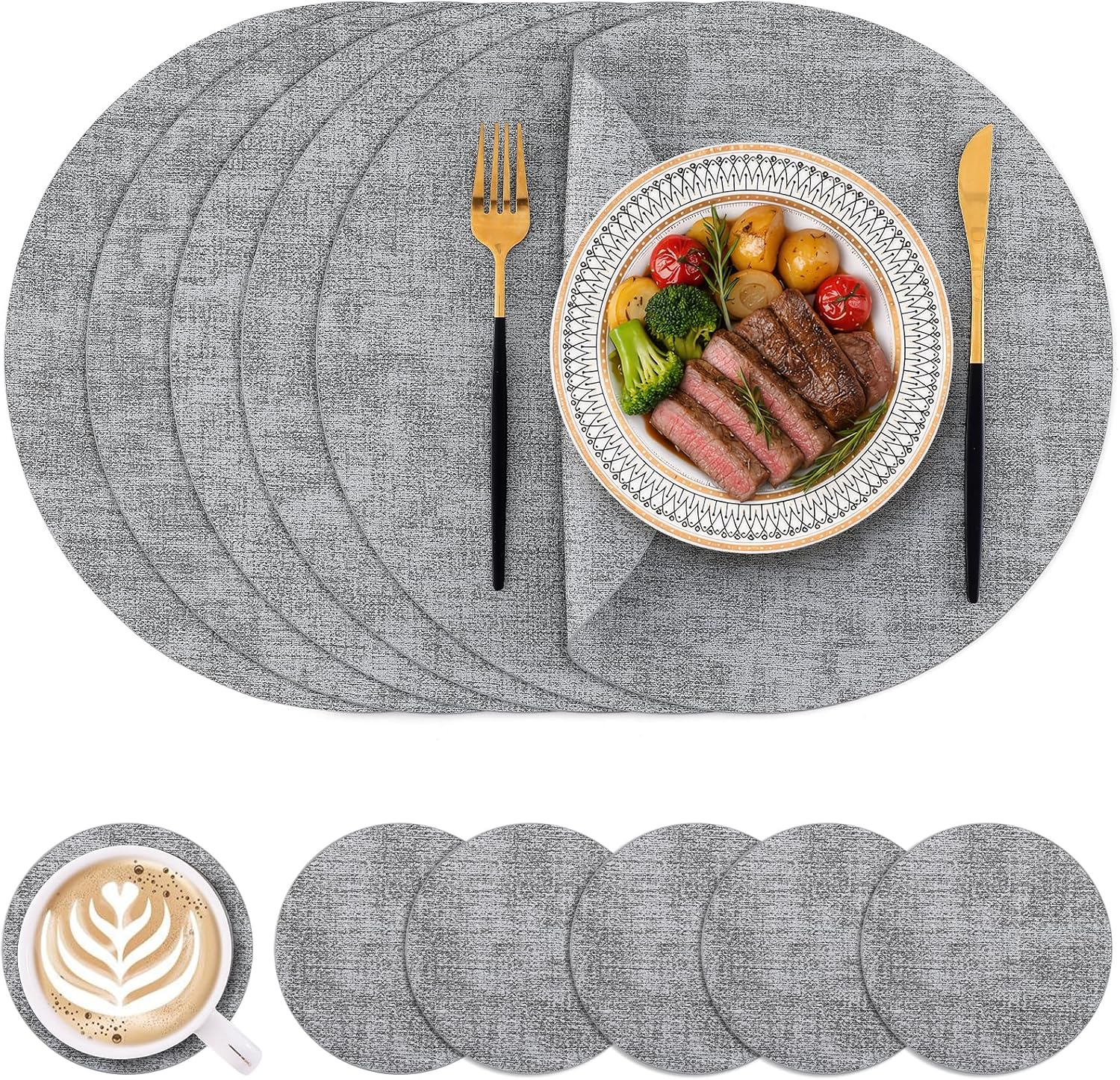 Homaxy Round Faux Leather Placemats and Coasters, Set of 6, Light Grey | Washable Dual-side Table Mats, Wipeable Place Mats, Heat-resistant, Diameter 13 and 3.93 inch