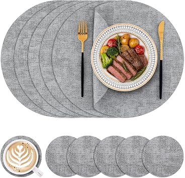 Homaxy Round Faux Leather Placemats and Coasters, Set of 6, Light Grey | Washable Dual-side Table Mats, Wipeable Place Mats, Heat-resistant, Diameter 13 and 3.93 inch