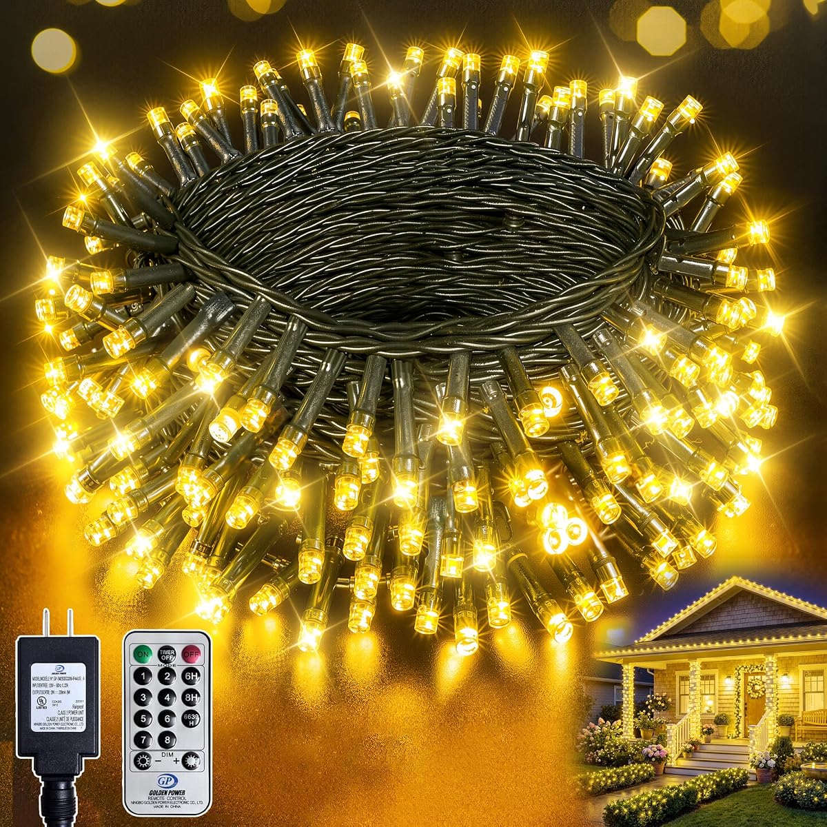 Guirnalda de luces LED de 66 pies, 200 luces LED de color blanco cálido, cable verde oscuro, temporizador de 8 modos, IP44, resistente al agua, para interiores y exteriores, para patio, jardín, patio, dormitorio, aula, deshierba, decoración navideña