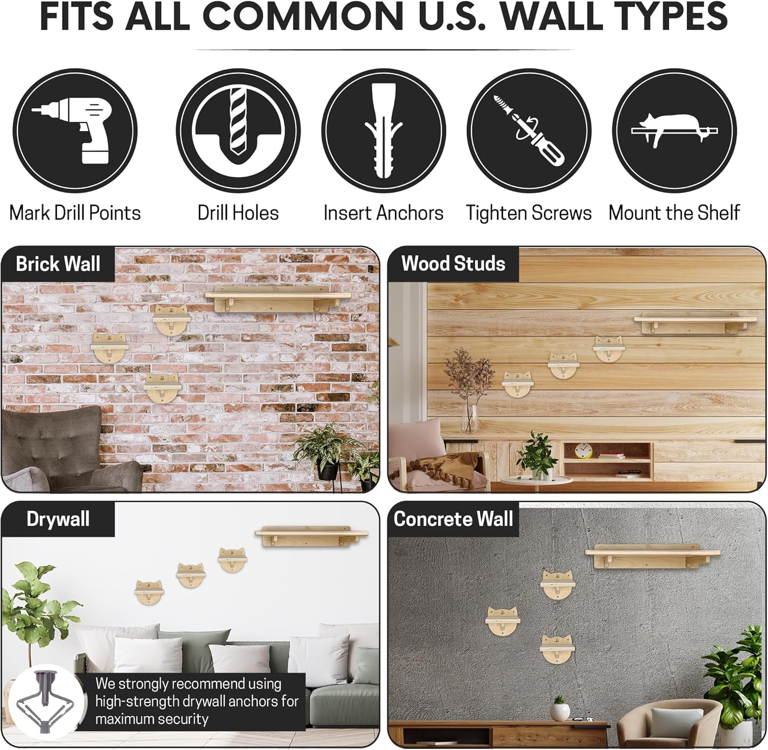 Snuggle & Play Cat Wall Shelves & Climbing System – Modern Furniture Set with 3 Steps & Perch for Indoor Cats, Includes Wand Toy