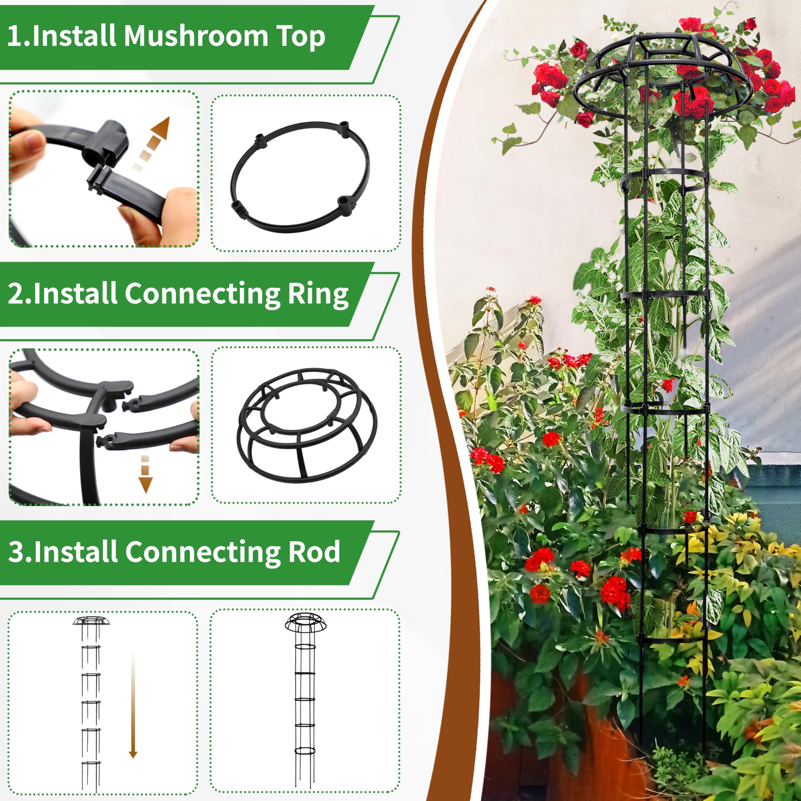 Enrejado superior de hongo de 5 anillos para plantas trepadoras, soporte ajustable de 77 pulgadas de alto para jardín interior y exterior, núcleo de metal resistente con revestimiento de