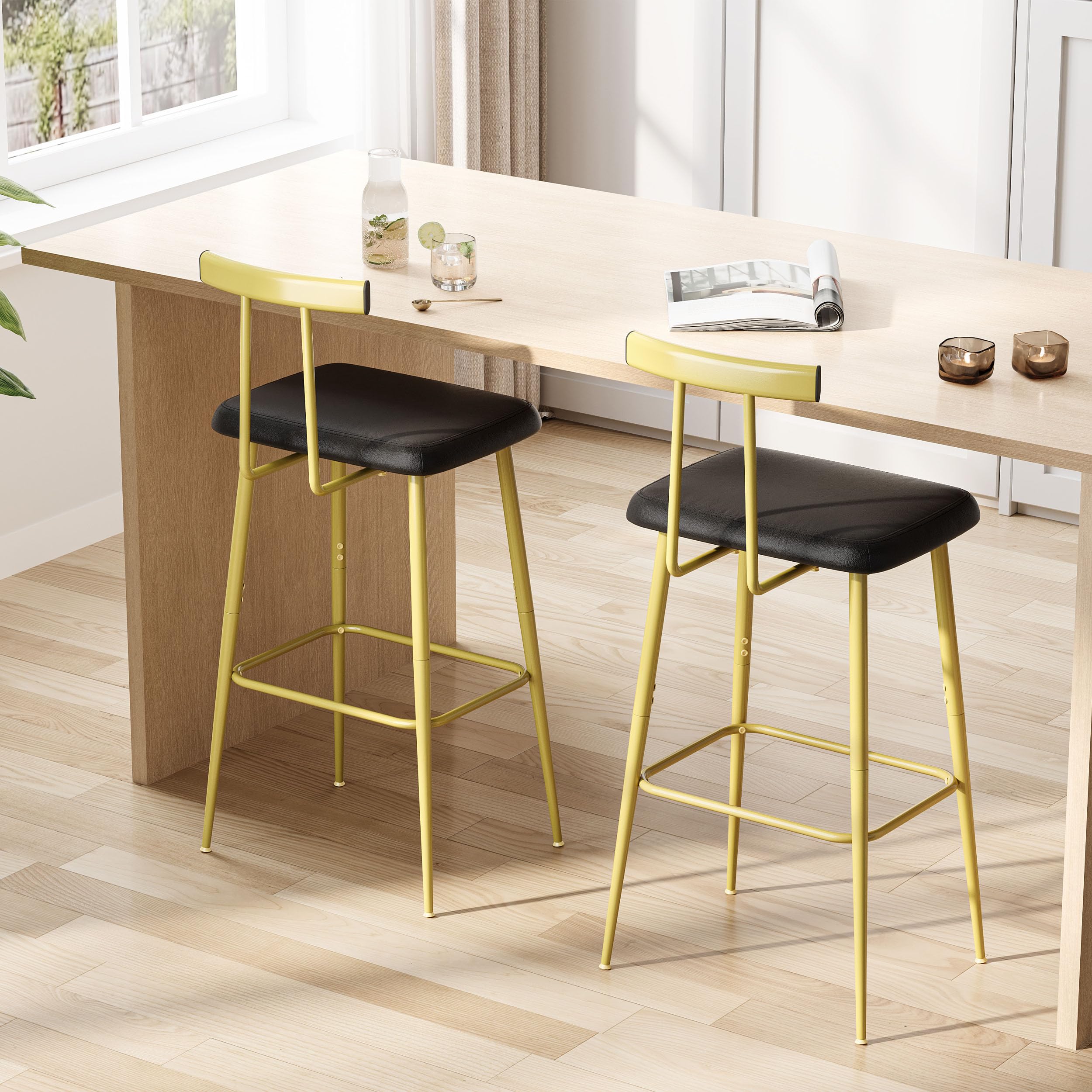 Taburetes Bar Juego de 2 Taburetes Altos Cocina Modernos con Respaldo y Reposapiés Base de Metal con Asiento Acolchado de PU para Isla Mostrador Restaurante y Bistro Dorada KBS515GC