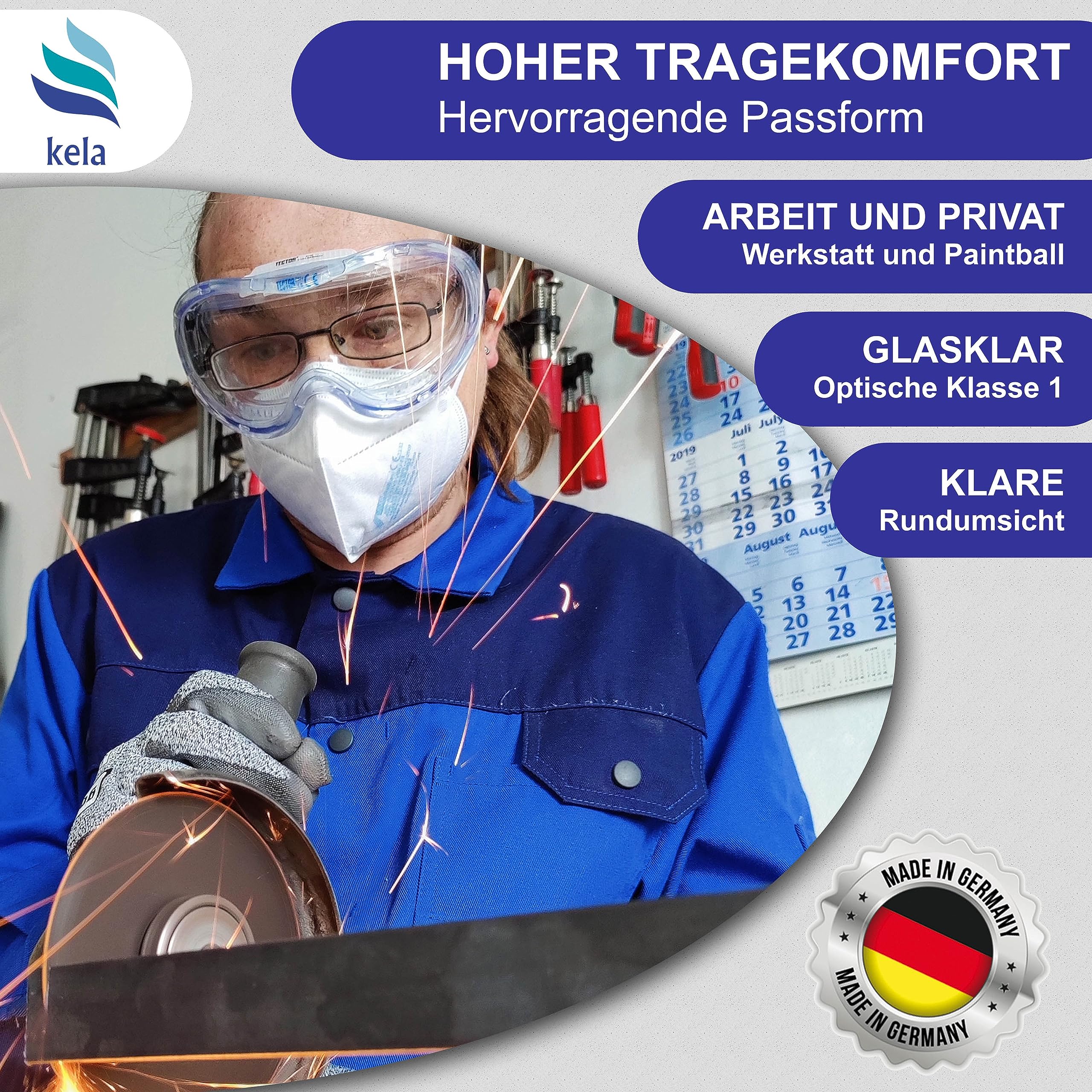 kela 2er Pack Vollsichtschutzbrillen ACT I 100% Made in Germany | Ventilation Anti Fog Beschichtung | Acetatscheibe gegen Chemikalien I breites Kopfband | Baustelle, Labor, Werkstatt