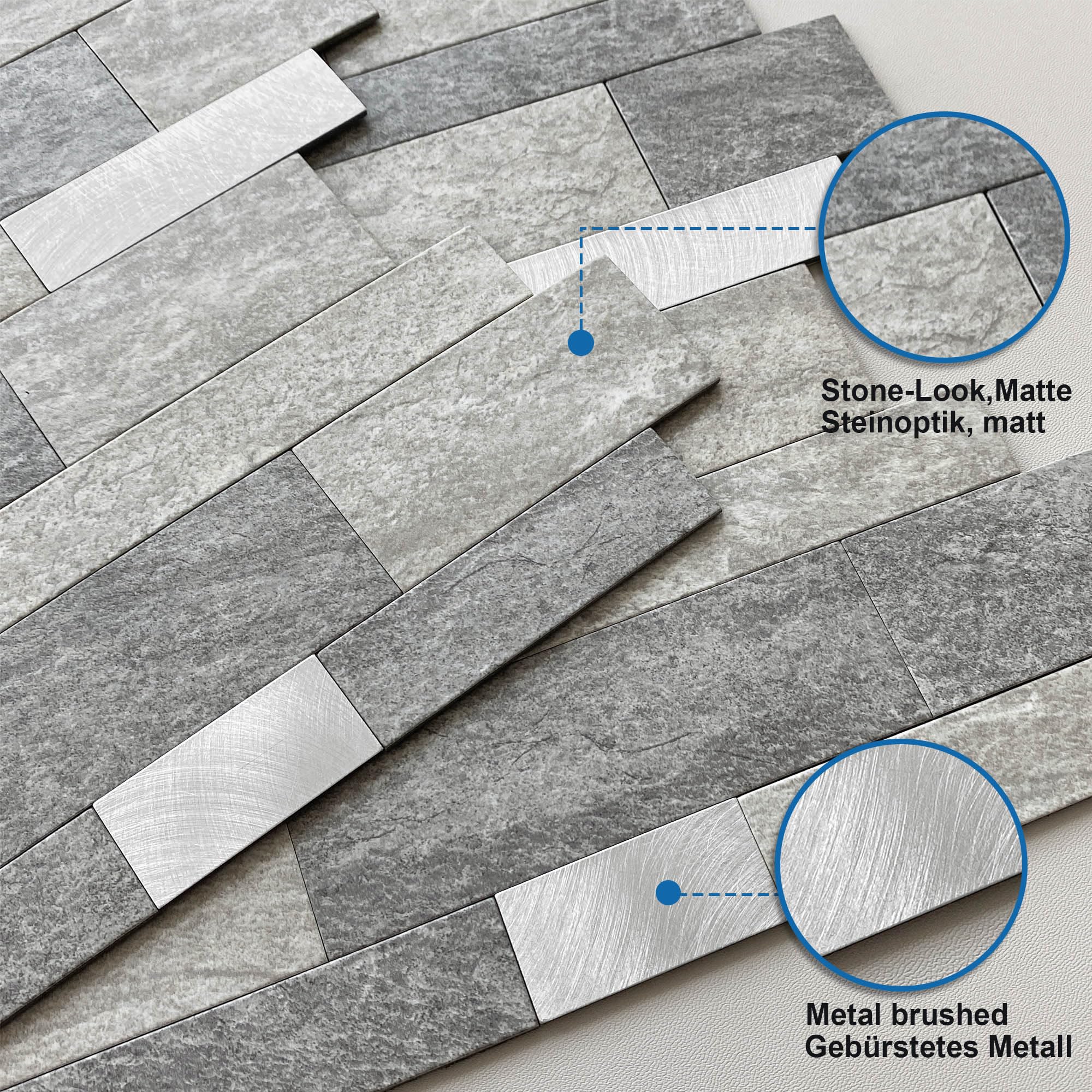 MOFIT Piastrelle Backsplash per Cucina Peel and Stick Pietra Finitura Opaca, Adesivi Piastrelle Bagno Pannello Murale 3D Mosaico Lineare Marmo Backsplash Impermeabile (10 fogli, Grigio Argento)