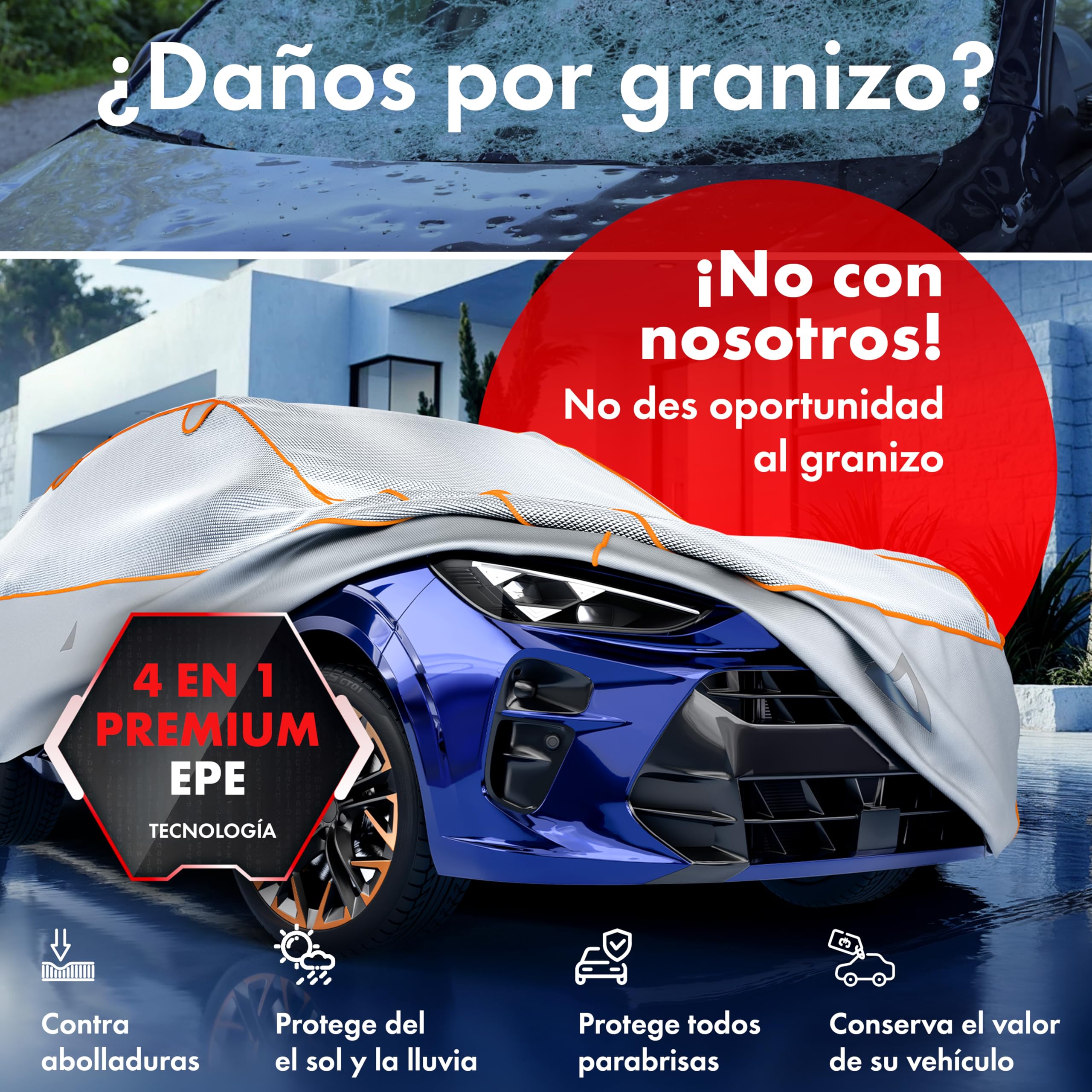 WALSER Premium Funda Antigranizo & Calor Coche, Proteccion EPE Sun Protect - Reduce la Temperatura Interior, Garaje 100% Impermeable, Cobertura Todo el Ano Talla 8