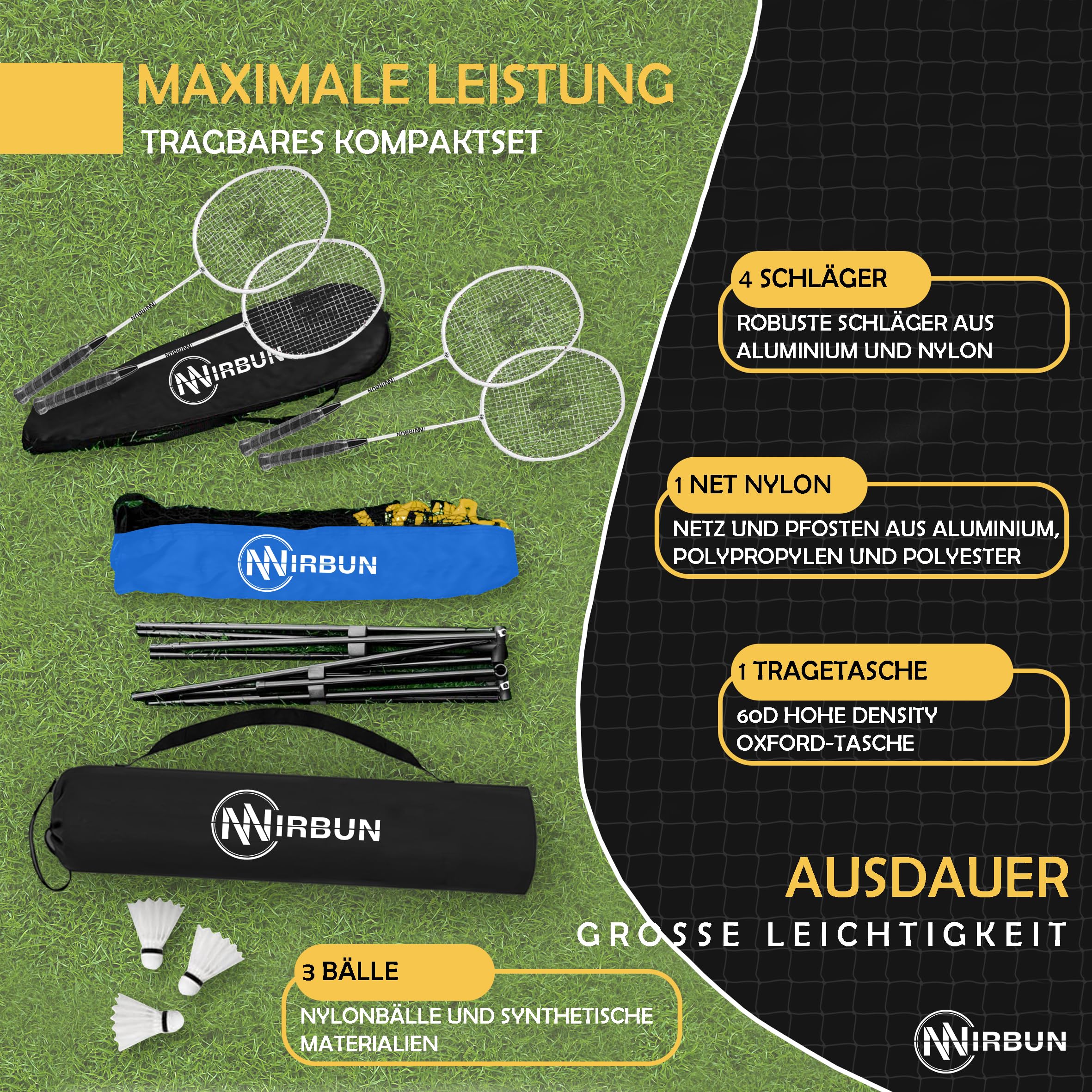 Badminton-Set für 4 Spieler mit Netz | Professionelle Schläger + 3 Federbälle + Tragetasche | Robuster Metallrahmen | 5,1 m Netz | Familienspiel für drinnen und draußen