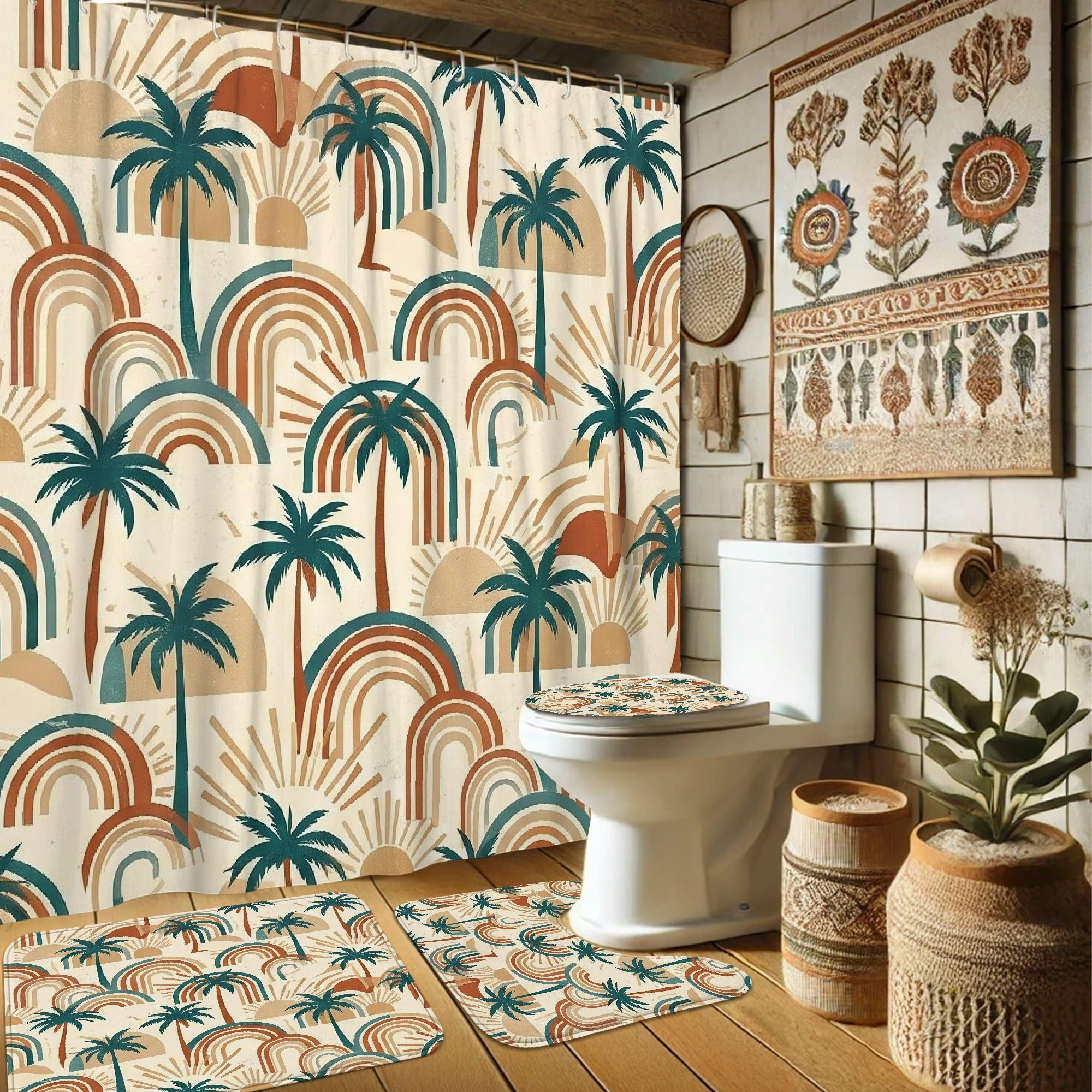Rideau de douche bohème rétro soleil en tissu de qualité supérieure bleu sarcelle