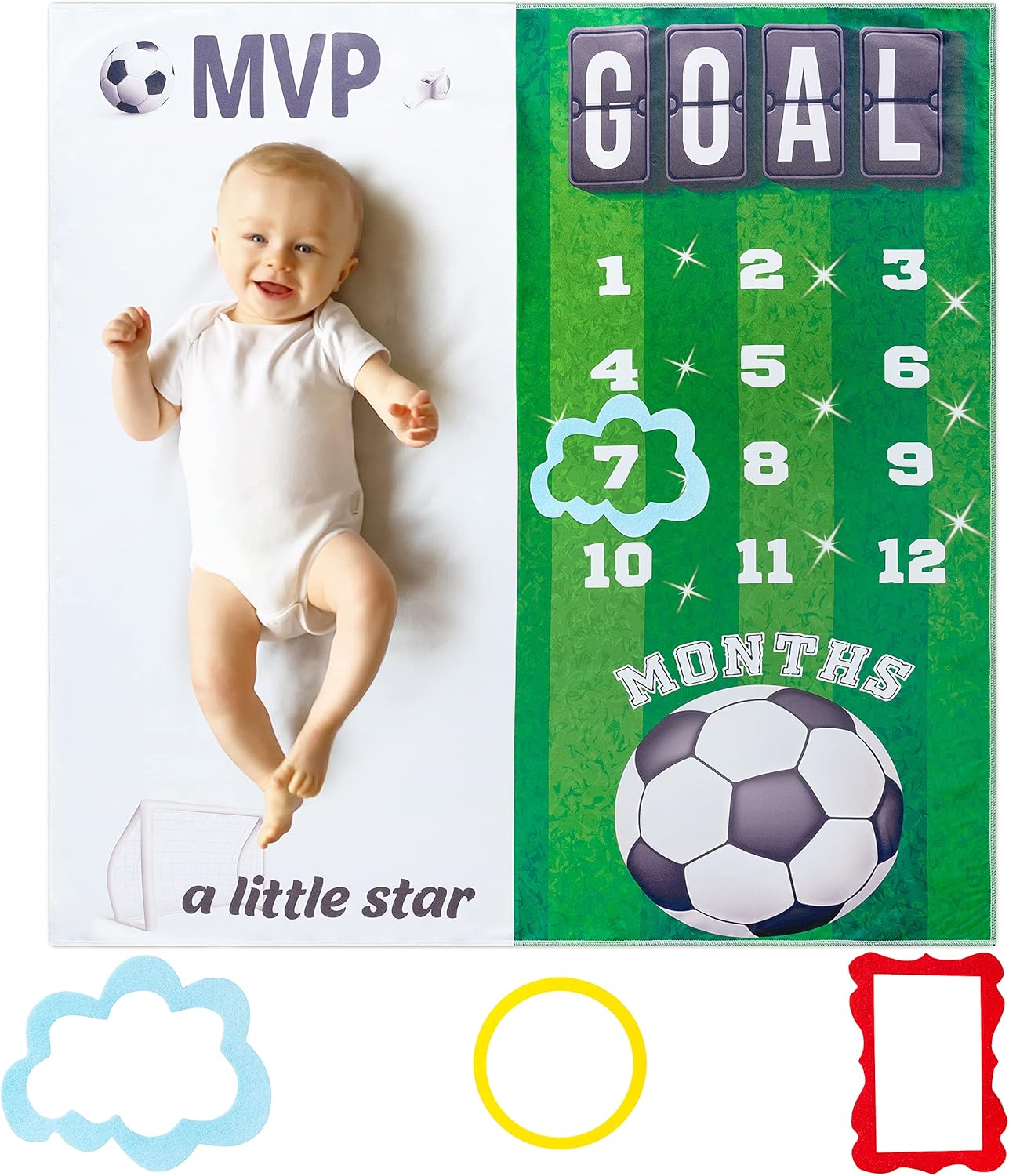 4PcsBaby Boy Monthly Milestone Blanket Photo Props,Peach Velvet Blanket Printed Numbers and Football Pattern MVP Newborn Growth Photography Sports Month Blanket Suitable for Baby Mother Birthday Gift : Baby