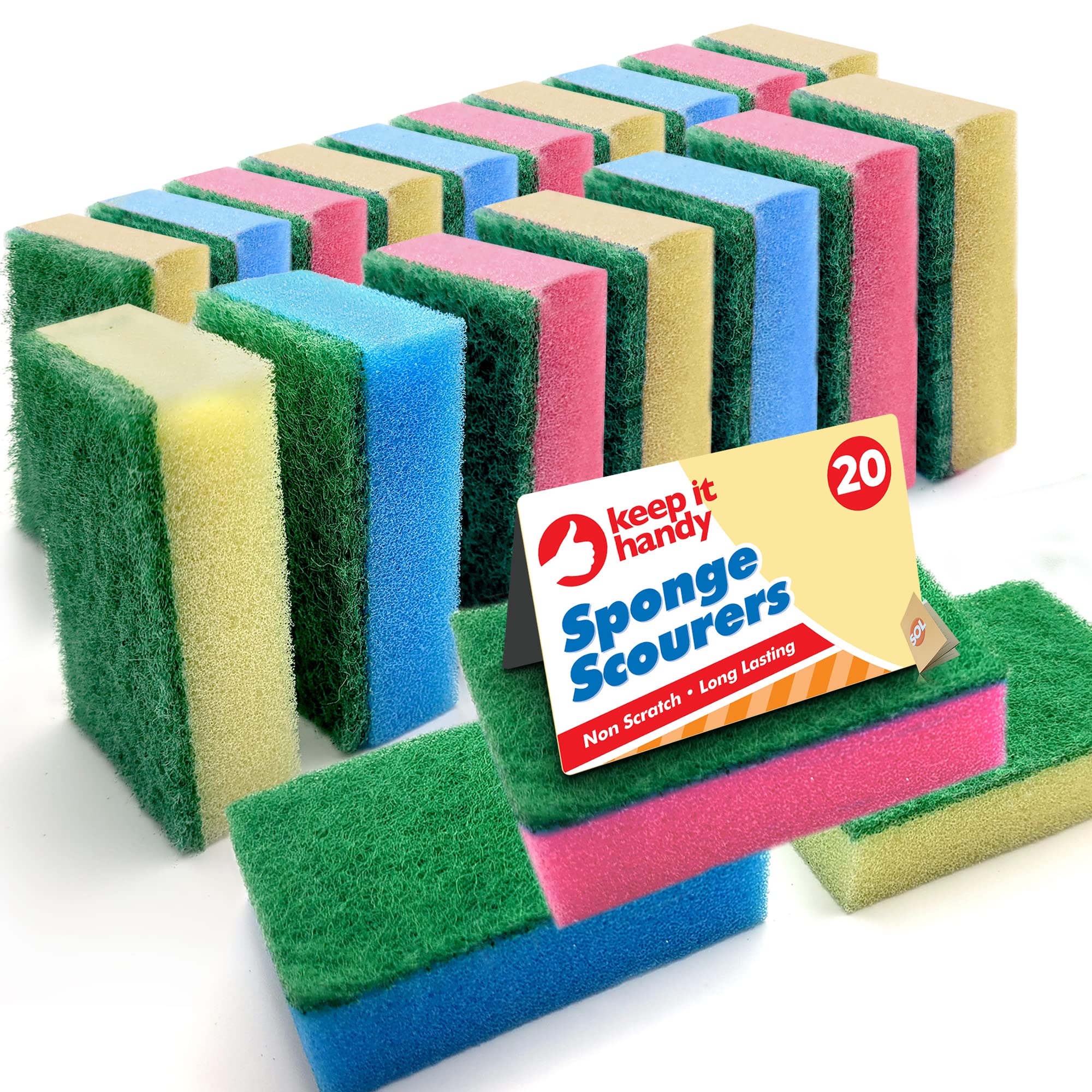 SOL 20pk Small Sponge Scourers for Kitchen, Blue, Pink, Yellow Washing Up Sponges