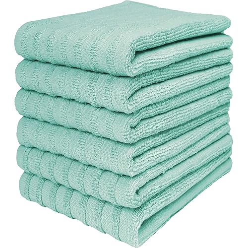 Premium Kitchen Towels (20”x 28”, 6 Pack) | Large Cotton Dish Towels 400 GSM | Highly Absorbent Terry Kitchen Linen Set with Hanging Loop | Aqua Solid