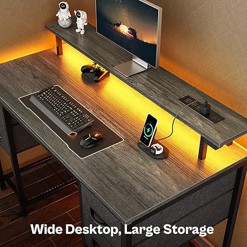 Miniatura 7 de Escritorio para computadora de 47 pulgadas con 4 cajones, escritorio para juegos con luces LED y tomas de corriente, escritorio de oficina en casa