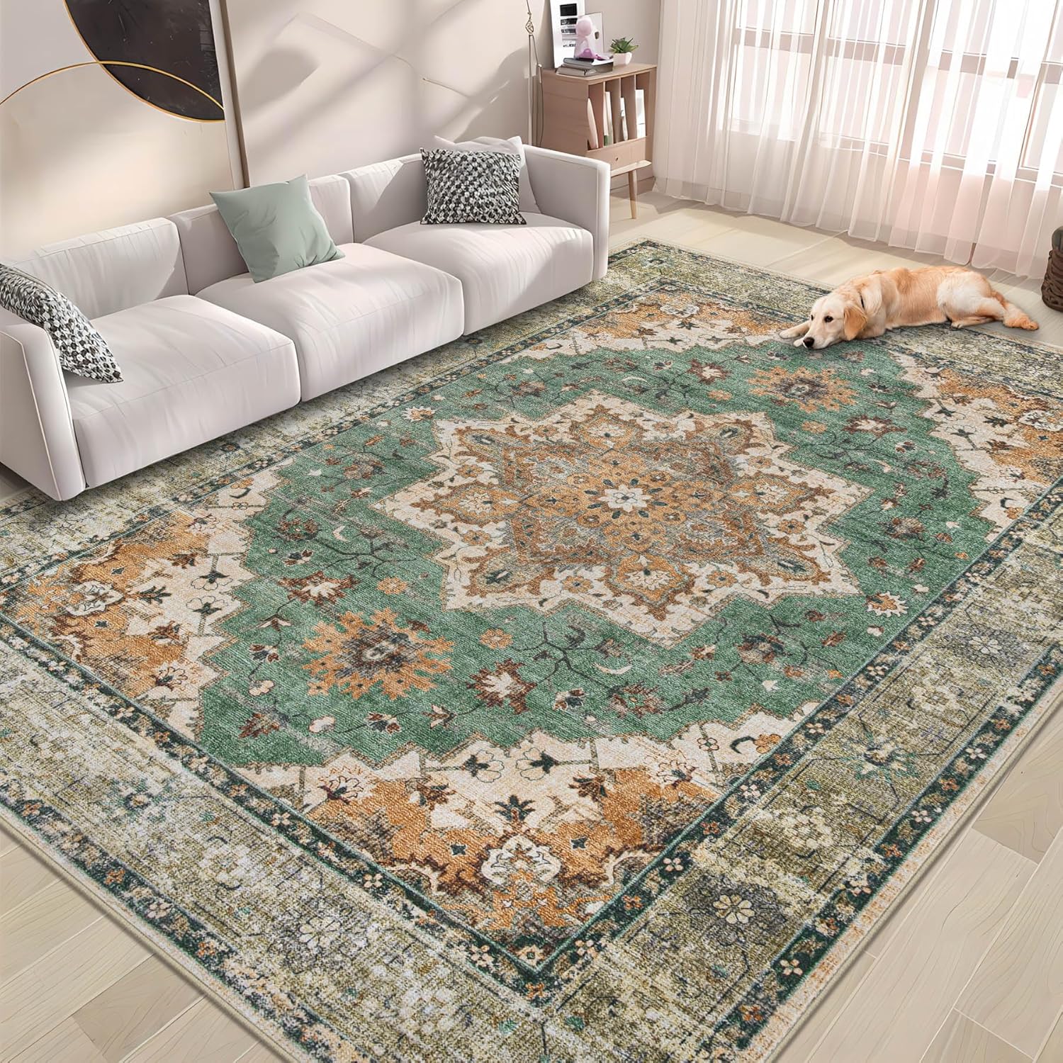 Area Rug 5x7 Vintage Rug: Washable Indoor Medallion Rugs Low Pile Distressed Floor Carpet Retro Accent Rug for Living Room Bedroom Kitchen Dining Table Home Office(Brown Green, 5'x7')