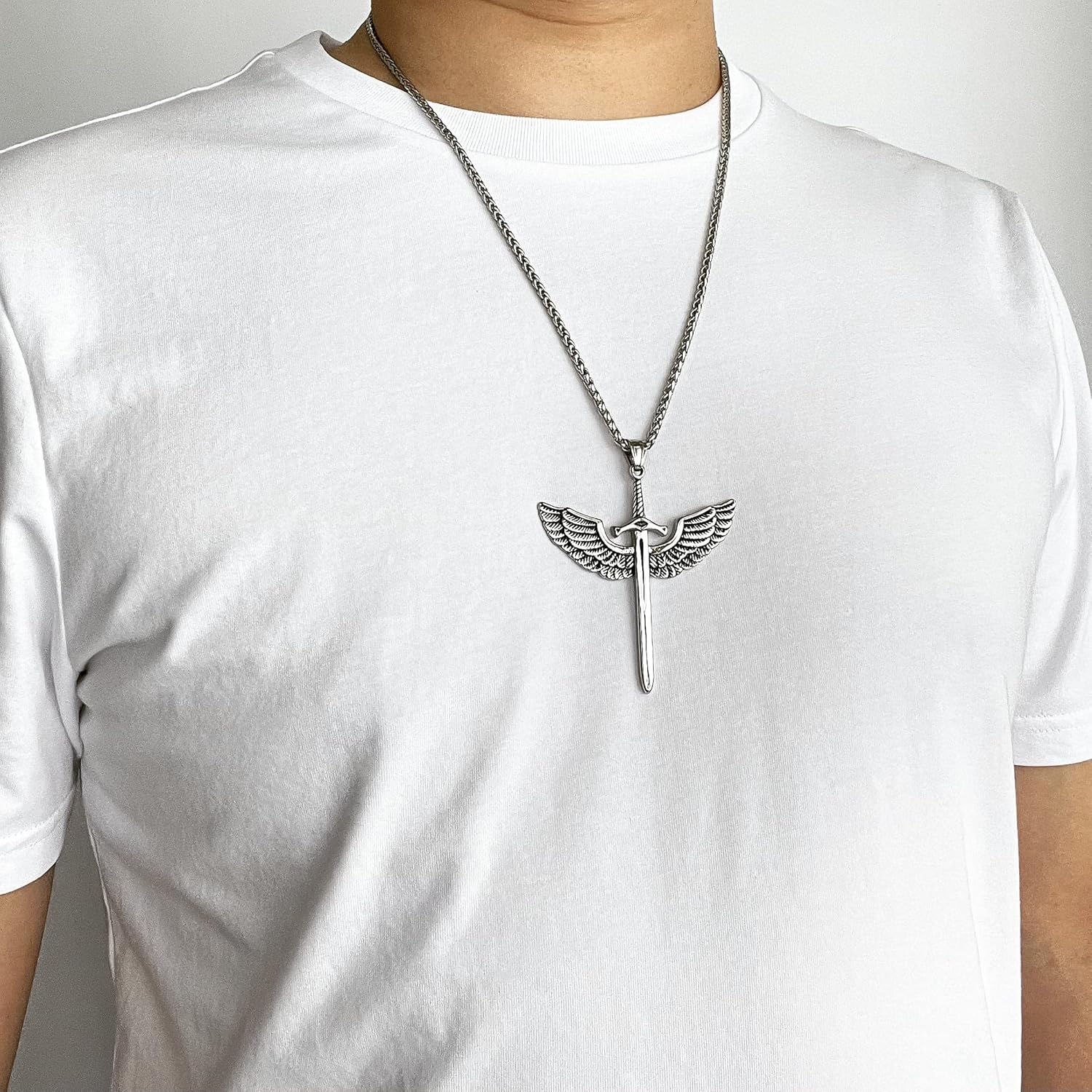 Mens Stainless Steel Pendant Necklace Angel Wings Sword Cross Pendant with 24 Inches Link Chain - Image 5