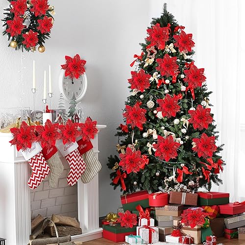 Miniatura 2 de Sggvecsy 24 flores de Pascua con purpurina para árbol de Navidad, adornos artificiales de flores de Navidad con clips para coronas de Navidad,