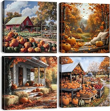 Rustic Fall Pumpkin Wall Art Farmhouse Barn Landscape Wall Decor for Living Room Vintage Autumn Picture Bedroom Nature Country Scenery Canvas Print Modern Artwork Kitchen Home Decoration 12x12" 4P