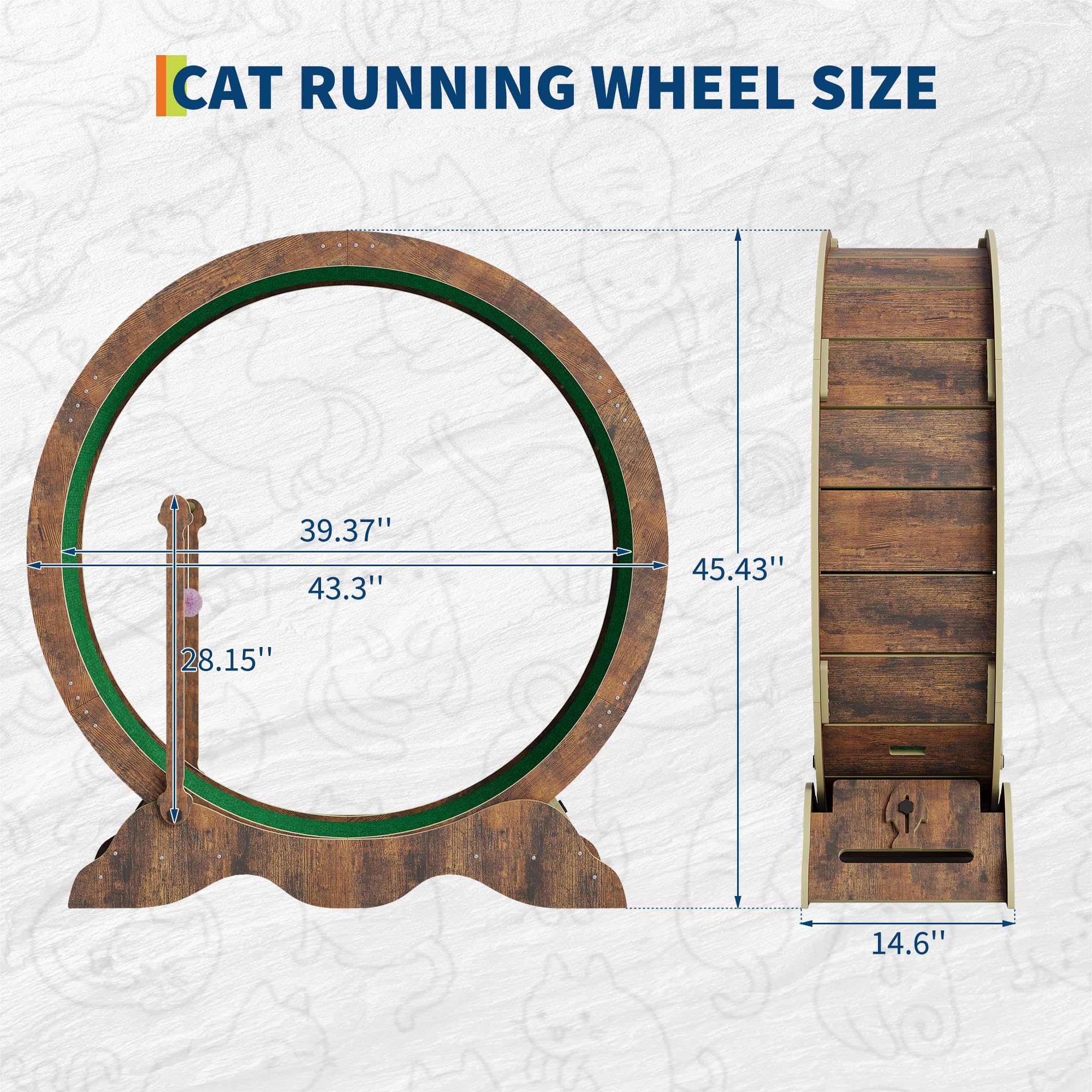 GarveeTech Roue d'exercice pour chat 115 cm pour chats d'intérieur – Tapis de course avec tapis amovible, verrouillage de sécurité et balle de jeu – Roue en bois pour toutes les tailles de chats pour