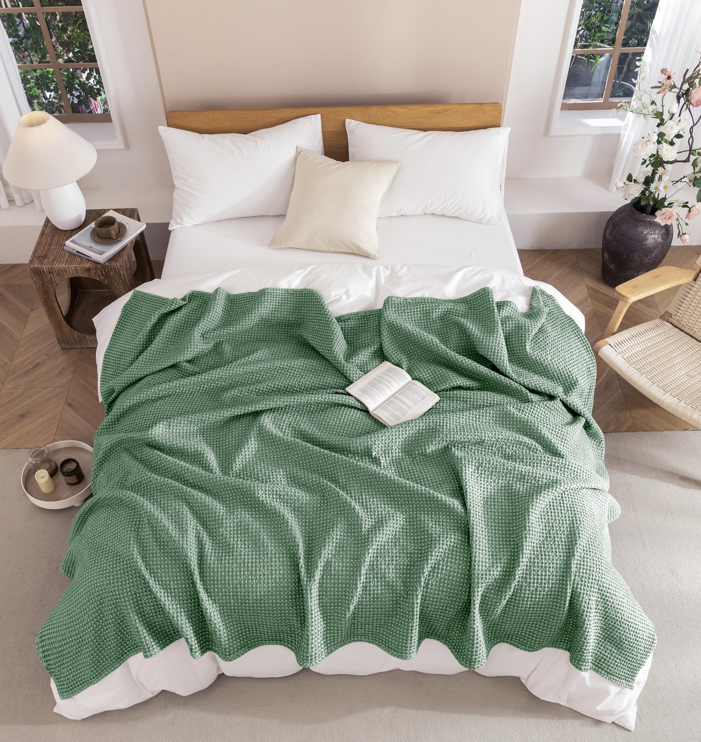 Tagesdecke 100% Baumwolle Waffeloptik 150x200cm Grün Atmungsaktiv Bettüberwurf Couchüberwurf