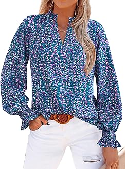 MASCOMODA Womens V Neck Floral Long Sleeve Tops 2025 Summer Casual Loose Puff Sleeve Chiffon Boho Work Blouse Dressy T Shirts