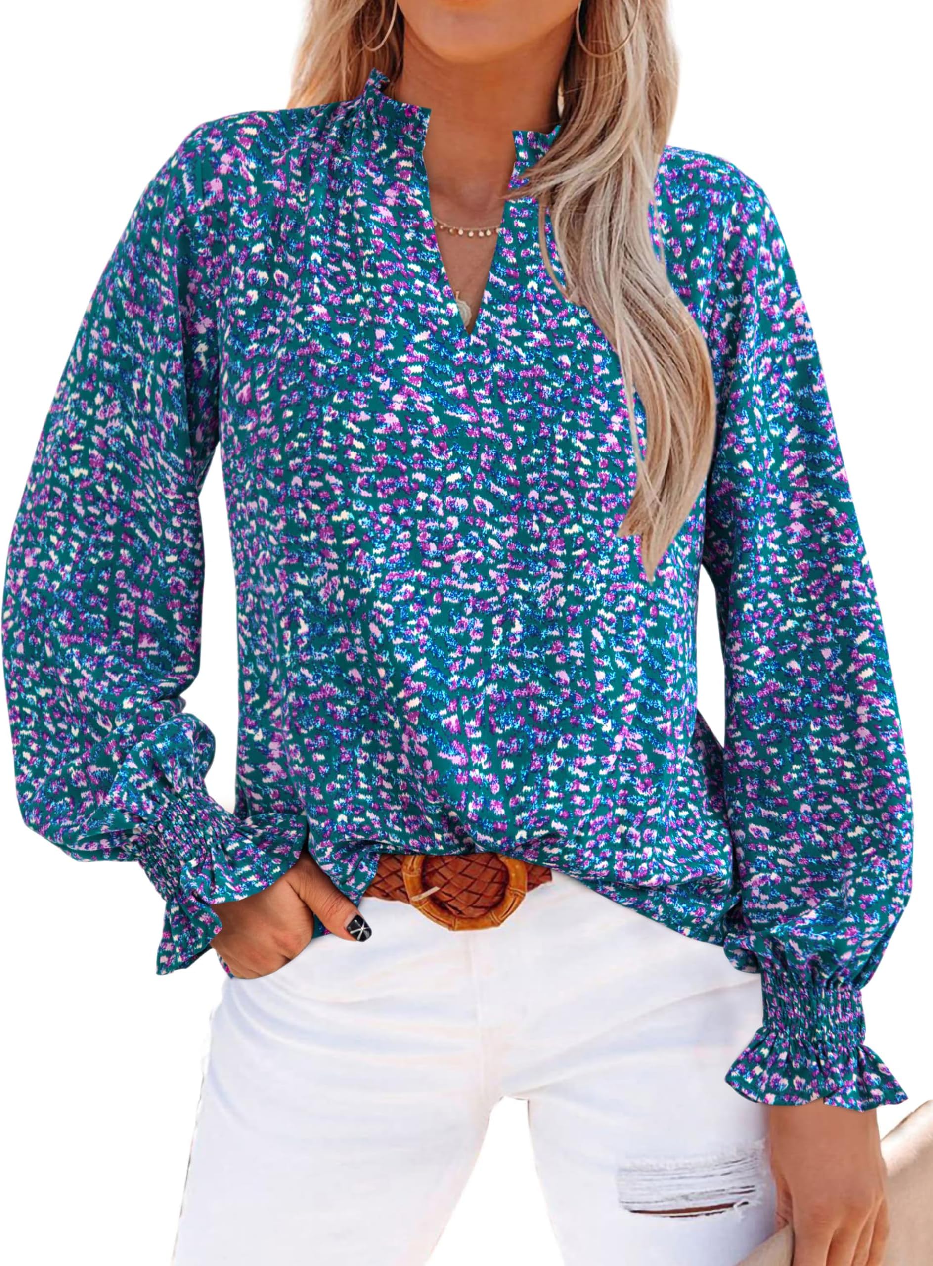 MASCOMODA Womens V Neck Floral Long Sleeve Tops 2026 Summer Casual Loose Puff Sleeve Chiffon Boho Work Blouse Dressy T Shirts