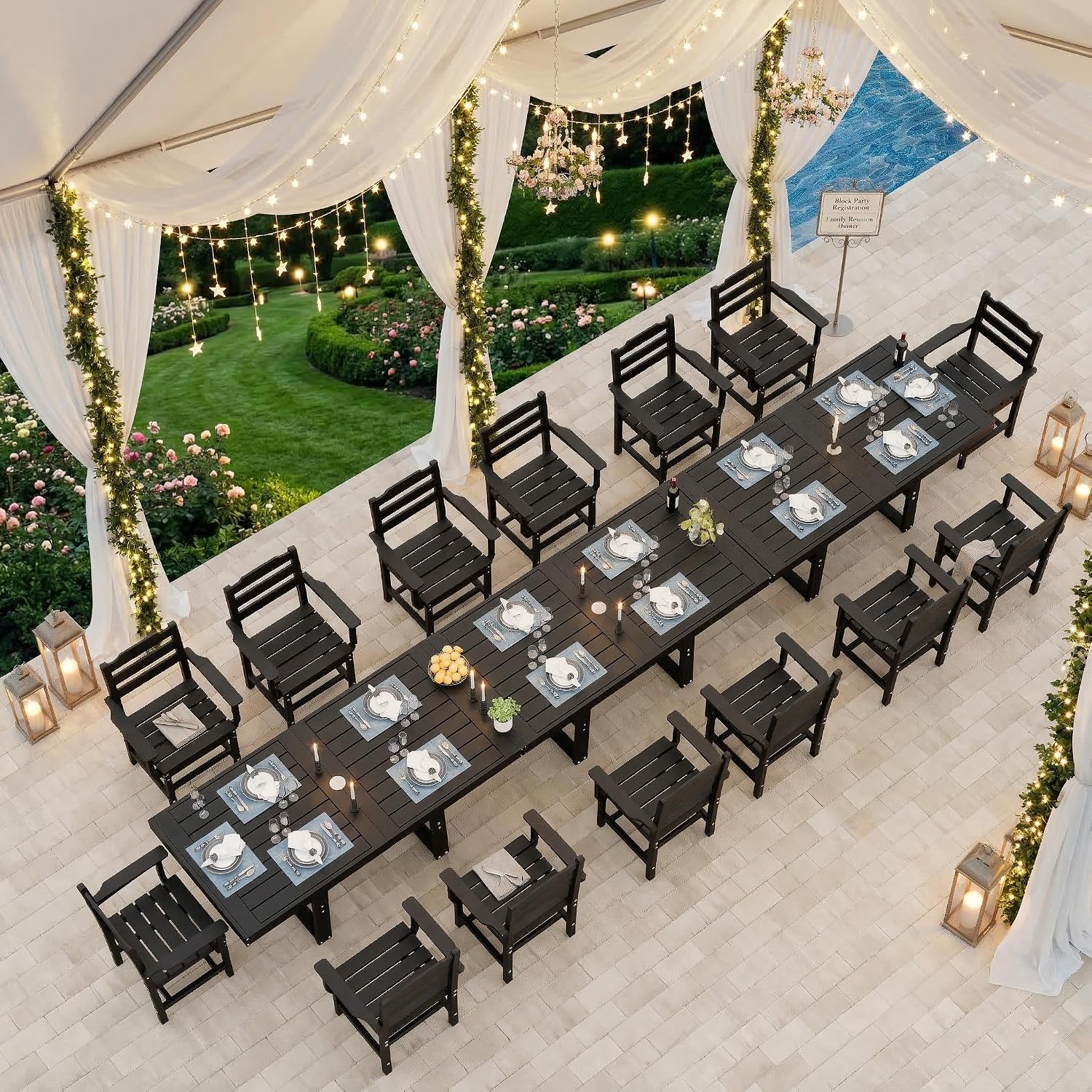 K Knowbody Extra Large Outdoor Dining Set for 14, All-Weather 17-Piece Patio Table and Chairs Set with Umbrella Hole, Steel-Reinforced Durable HDPE Furniture for Backyard,Garden,Lawn,Poolside, Black