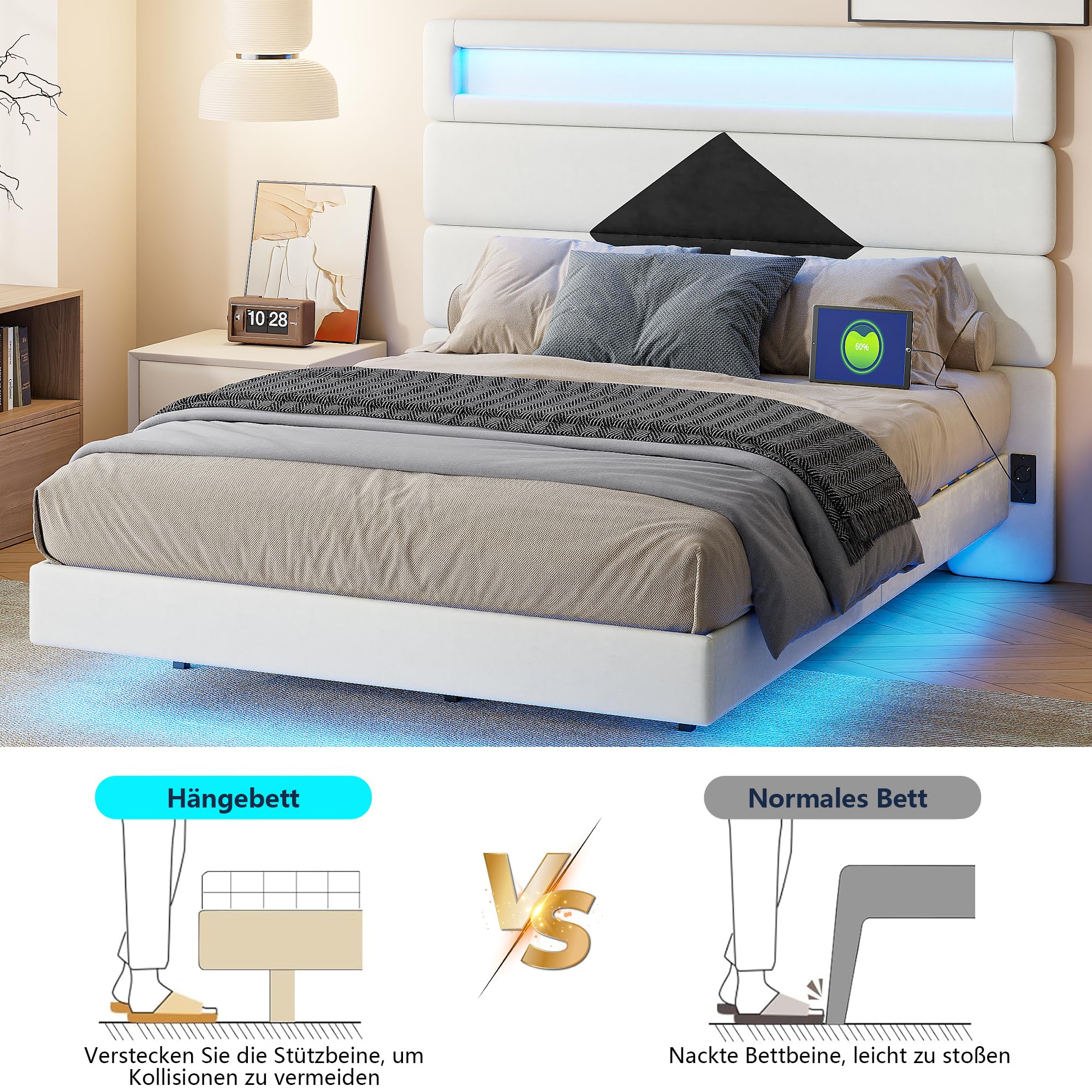 KeepGoon Cama suspendida, Cama Doble de 140 x 190 cm, Tablero de Madera Ajustable,Cama Matrimonio, Puerto USB de Carga Dual + LED, con somier, Cama tapizada, Terciopelo