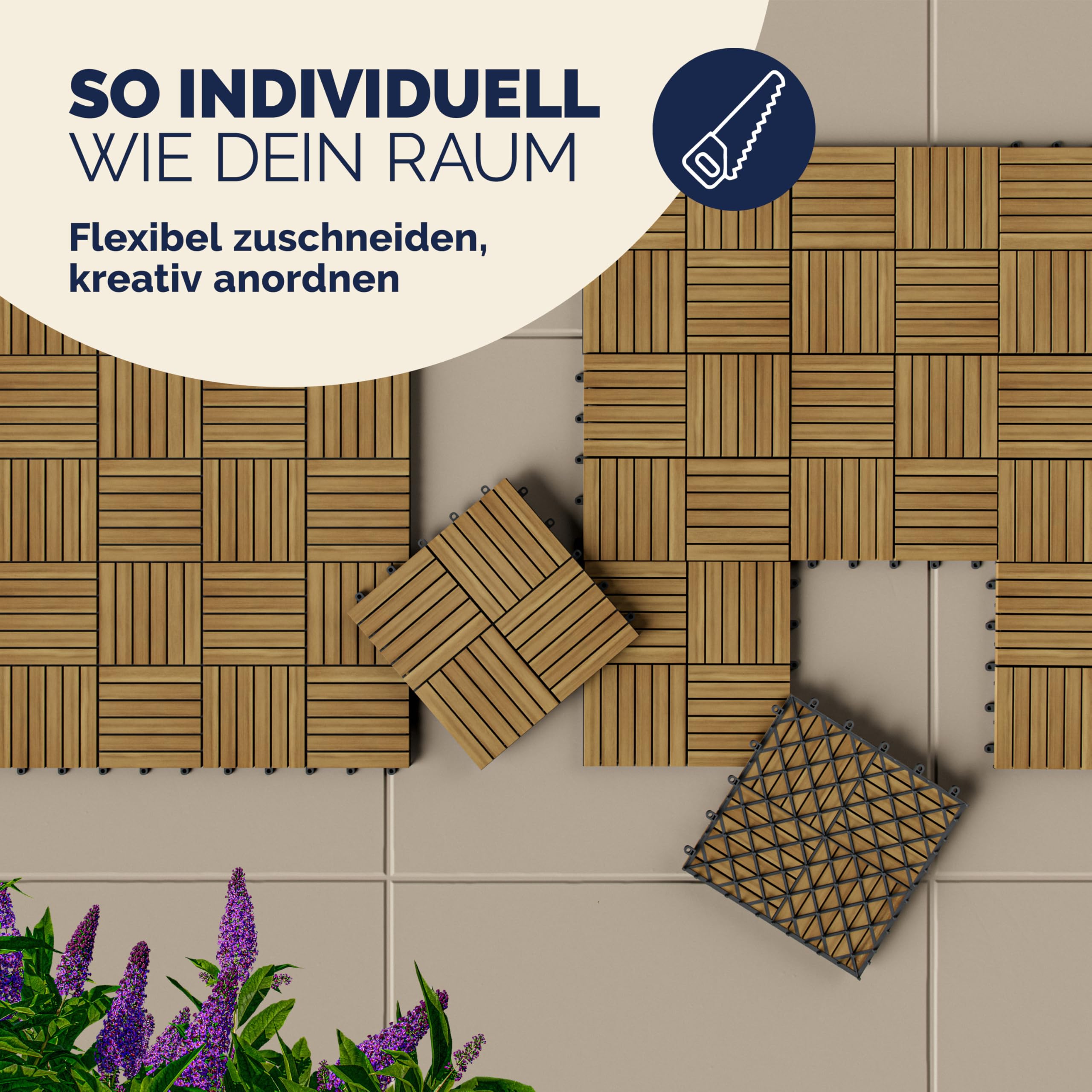 Casaria Piastrelle Legno Acacia 33pz Certificato FSC® Mattonelle 3m² ad Incastro 30x30cm Esterno Mosaico Quattro