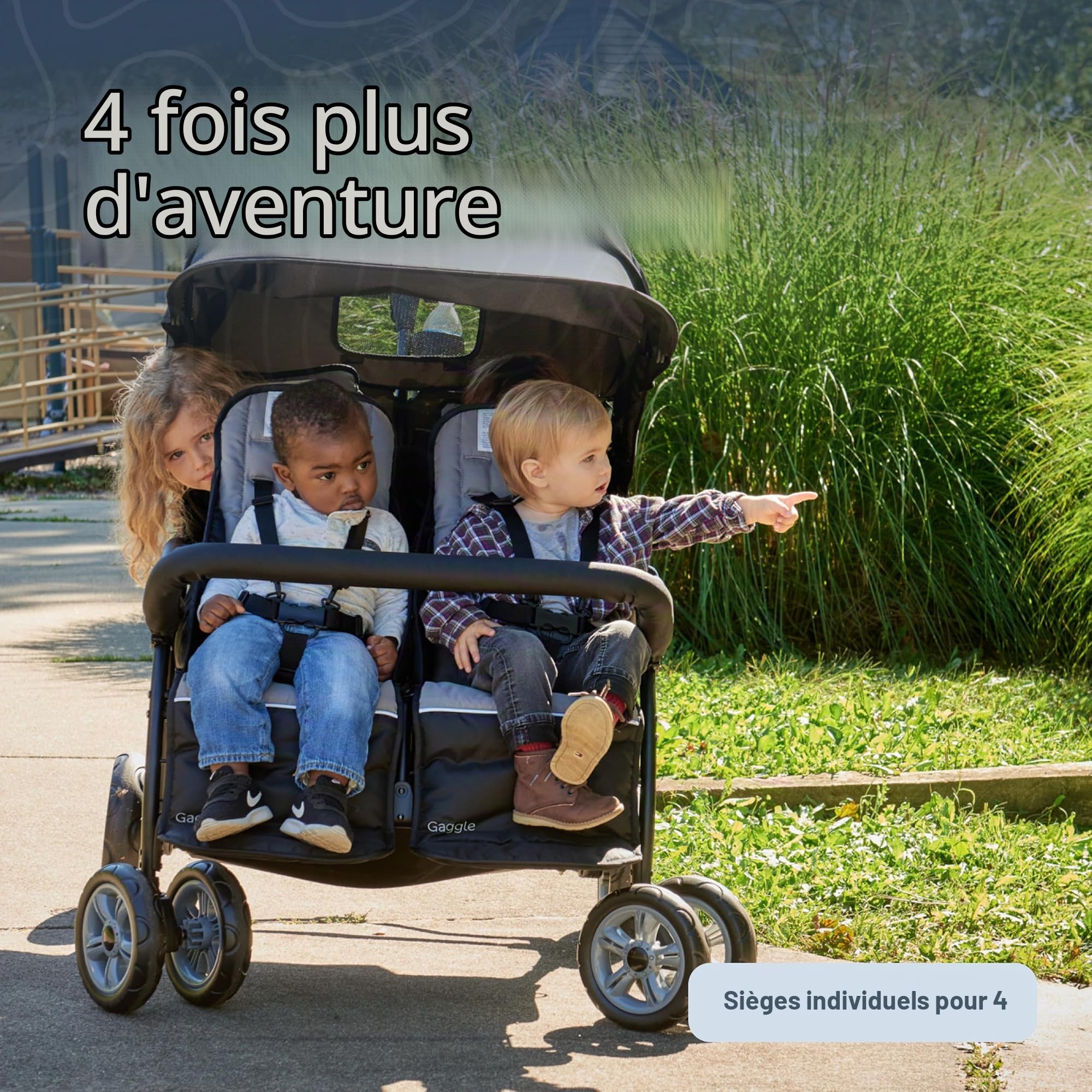 Gaggle Poussette Compass Quad 4 places, poussette 4 places pour garderie, pare-soleil anti-UV, harnais 5 points, bleu sarcelle