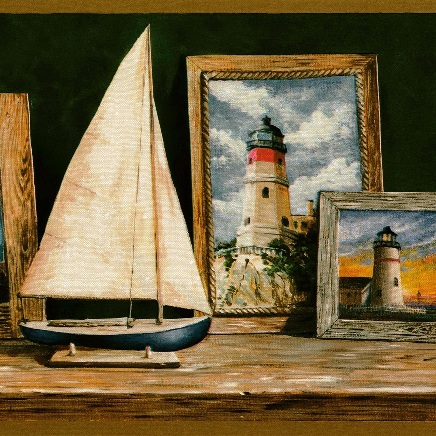 CONCORD WALLCOVERINGS ™ Seashore Wallpaper Border Featuring Multiple Lighthouses on Shades of Blue, Colors Green Navy Blue Yellow, Size 6.75 Inches by 15 Feet KV79528