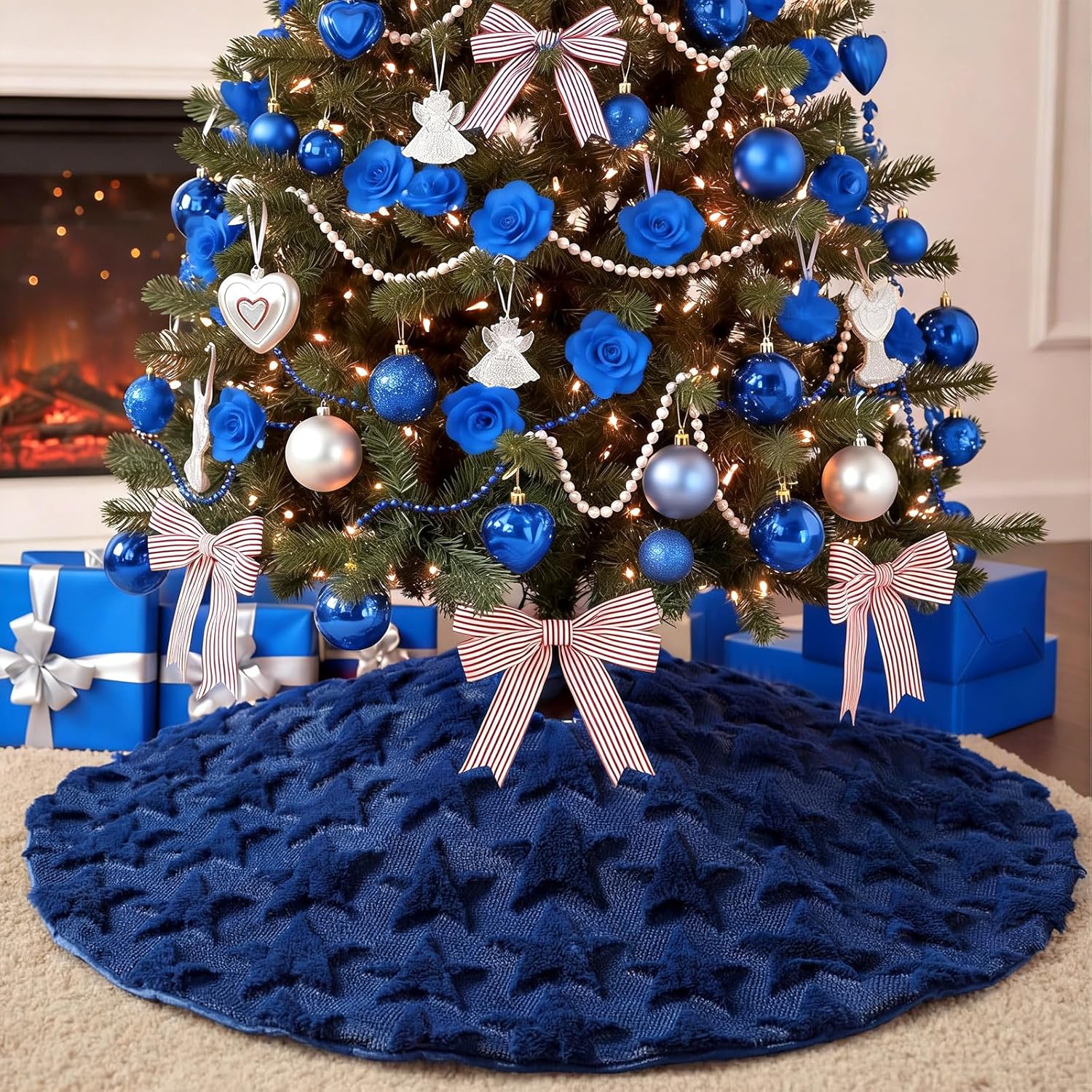 Civaner 4th of July Patriotic Tree Skirt 36 Inch 250th Anniversary Blue Stars Soft Plush Faux Fur Jacquard Summer Trees Skirts for Independence Memorial Day Xmas Trees Holiday Decoration