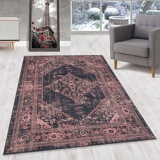 HomebyHome Kurzflor Teppich Wohnzimmer 160x230 cm, Vintage und Klassisches, in Rot und Schwarz - Orient Teppich, rutschfest, Waschbar und Weich - Ideal für Schlafzimmer, Esszimmer, Küche