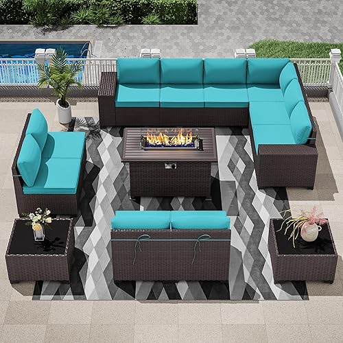 13 PCS Outdoor Patio Furniture Set,Outdoor Sectional Furniture with 43" 55000 BTU Gas Propane Fire Pit Table,All Weather PE Rattan Wicker Patio Conversation Set,Turquoise Blue