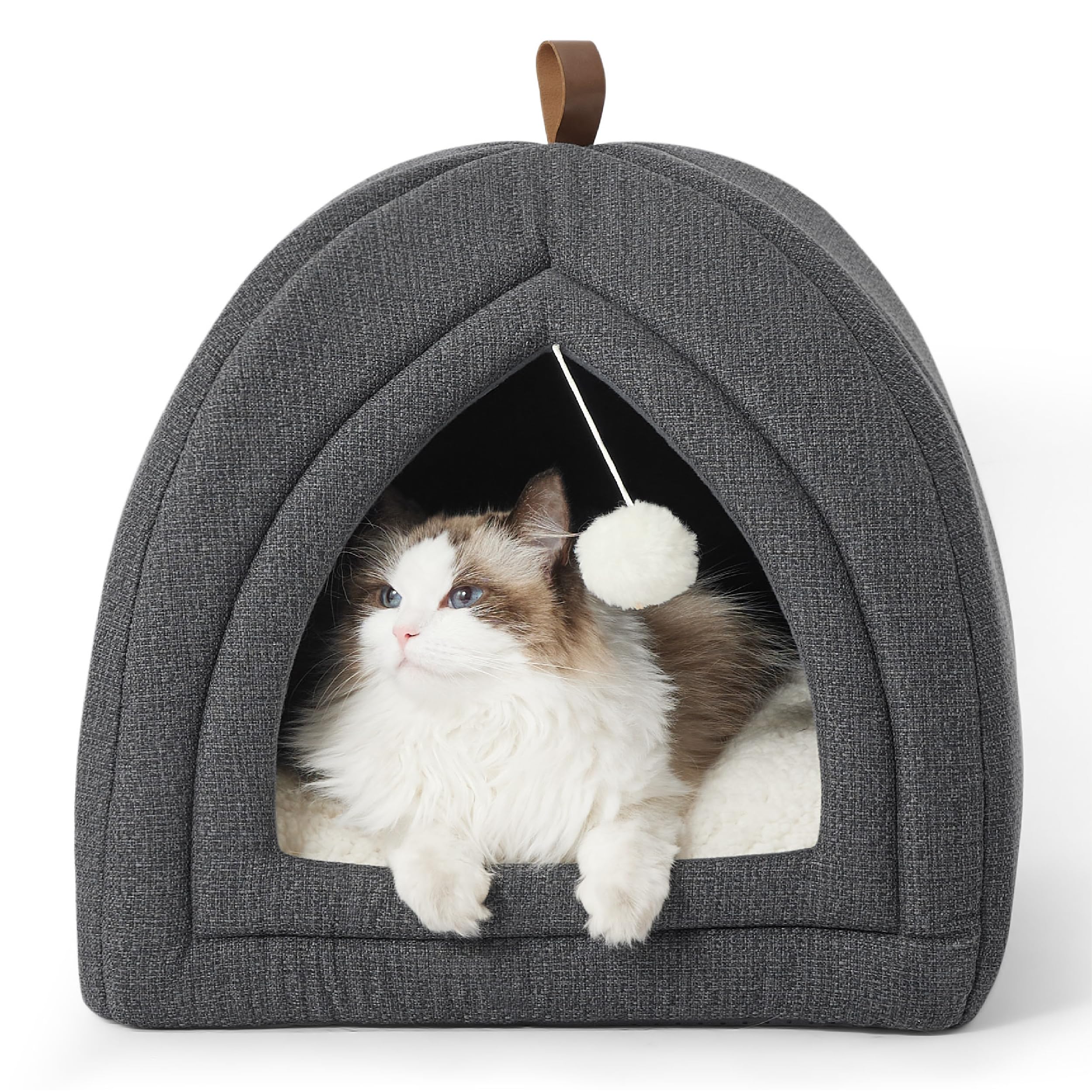 BEDSURE Katzenbett große Katzen Katzenhöhle- 40x40x40 cm Katzenhaus Indoor mit abnehmbarem Sherpa Katzenkissen und hängendem Spielzeug, Katzen Bettchen waschbar, dunkelgrau