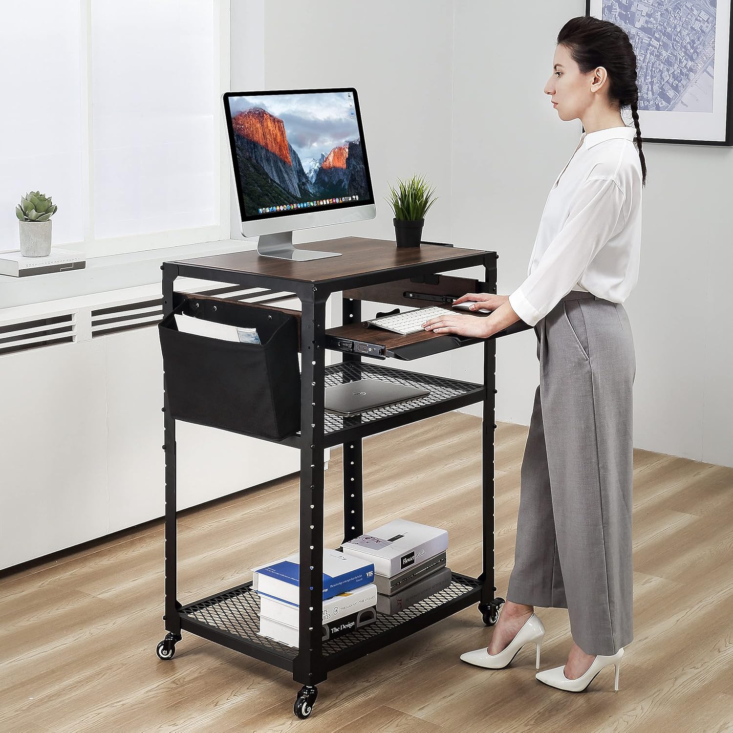 Fenge AV Presentation Cart Stand with Keyboard Tray,Printers-Metal Construction Rolling Storage Cart with Adjustable Shelves for Office Home, AC750005WG : Office Products