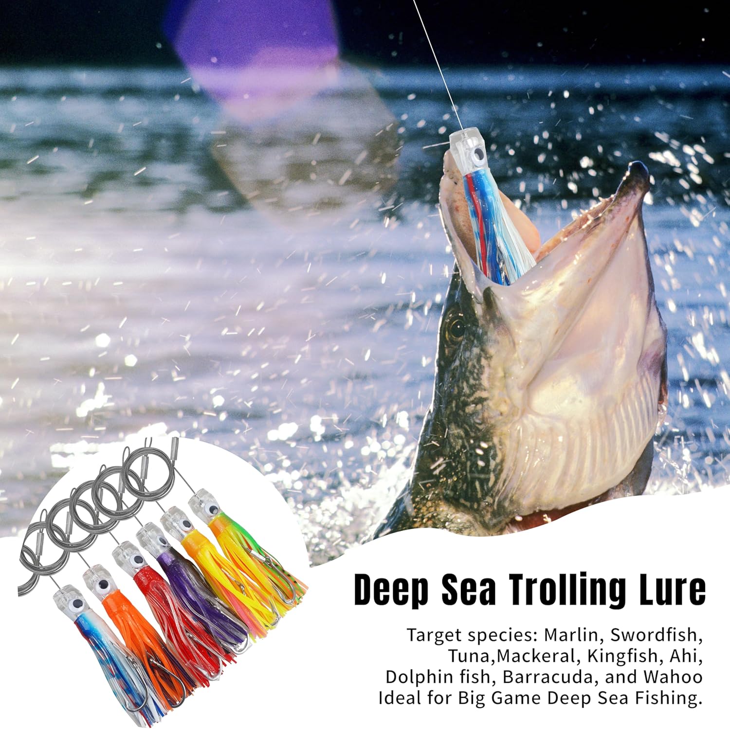 Saltwater Tolling Lures,6pcs Squid Skirt Deep Sea Fishing Lure Set Offshore Big Game Rigged Trolling Lures for Tuna Marlin Wahoo Shark Mahi Saltwater Fishing Gear