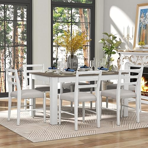 LUMISOL Juego de mesa de comedor de 7 piezas, juego de mesa de cocina de granja con 6 sillas tapizadas, juego de mesa de comedor extensible con