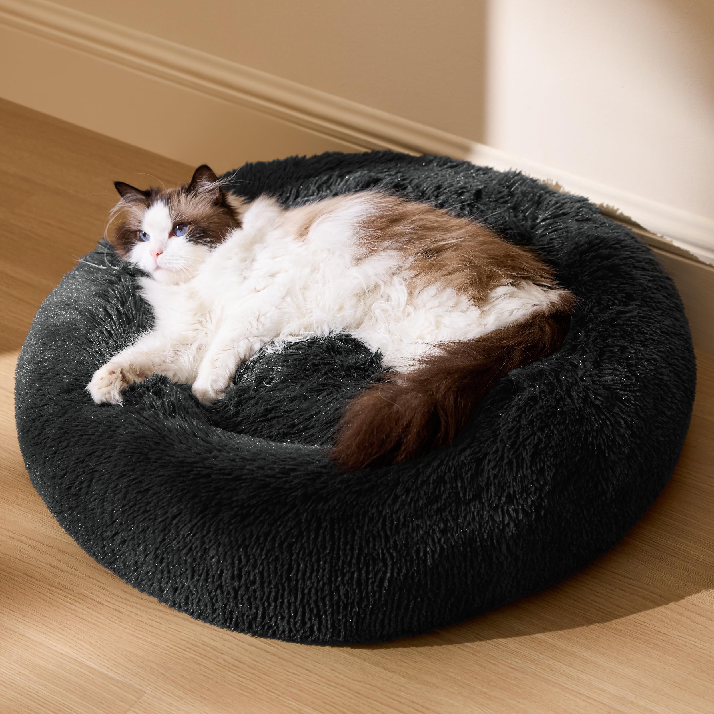 Bedsure Large Round Cat Bed - 50x50x13cm Small Dog Bed for Indoor Cats and Puppy, Washable Round Cat Beds for Small Dogs, Fluffy Calming Anti Anxiety Kitten Bed, Dark Grey