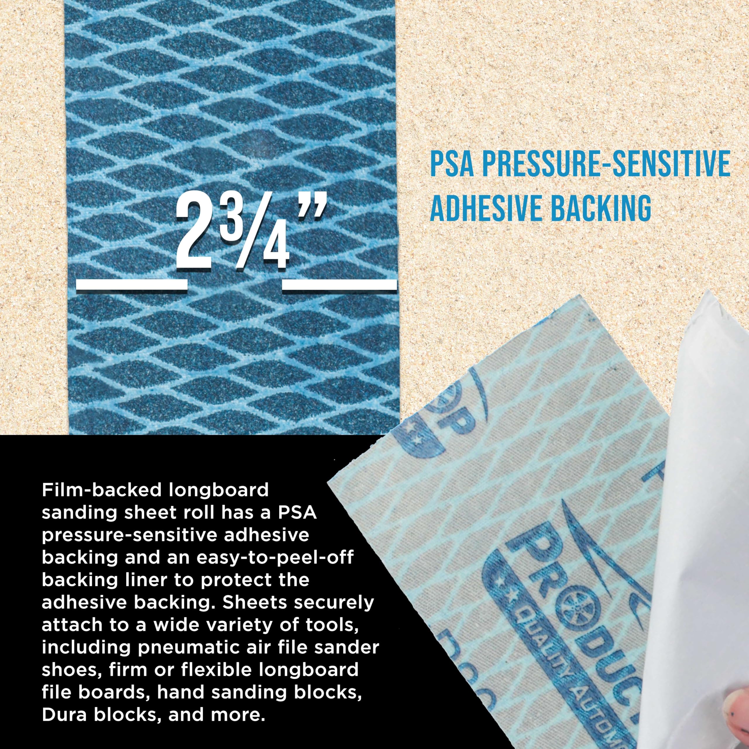 ProductionShop Papel de lija PSA de grano 120 con forma de rombo azul para longboard de 2-3/4 pulgadas de ancho, rollo continuo de 12 yardas, parte trasera adhesiva autoadhesiva para lijadoras de