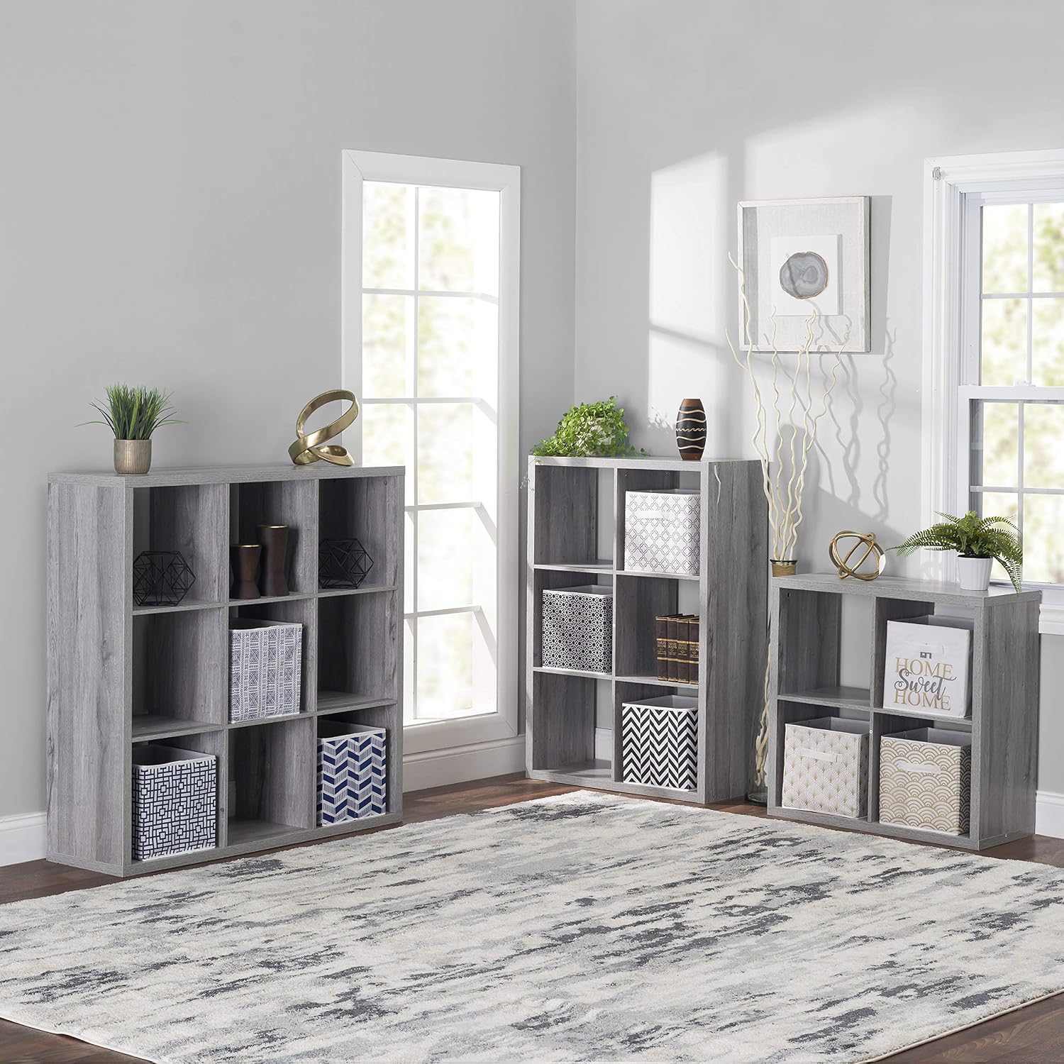 Home Basics 9 Open Cube Organizing Wood Storage Shelf – Free Standing Bookshelf Shelving Unit with Display Unit for Livingroom, Bedroom, Toy Room, Entryway & Closet, Grey