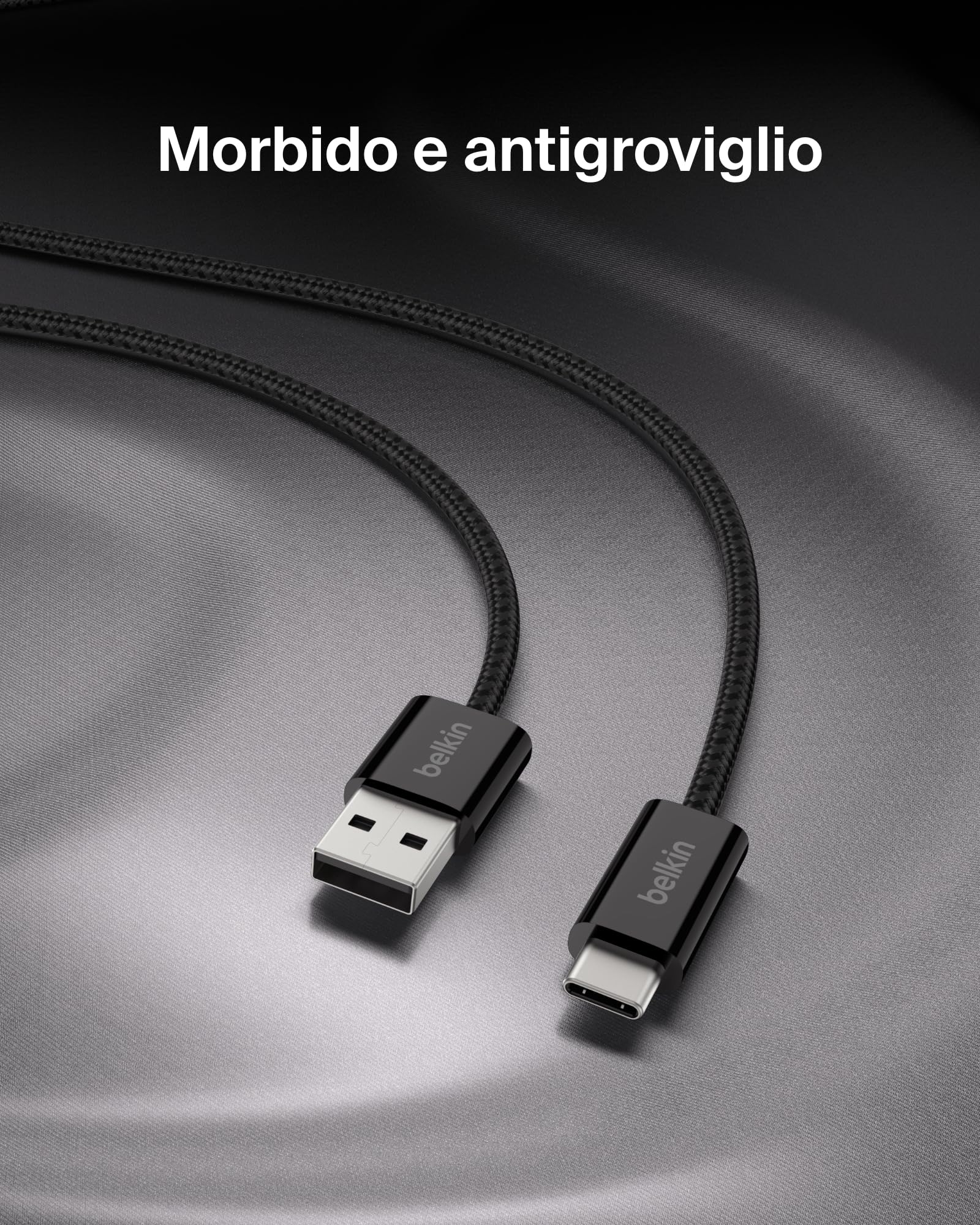 Belkin Confezione da 2 cavi intrecciati da USB-A a USB-C da 1,5 m, 15 W, cavo flessibile per ricarica rapida, cavo Type-C per iPhone 16 e iPhone 15 series, Galaxy S25, Pixel 9, iPad Pro ecc., nero
