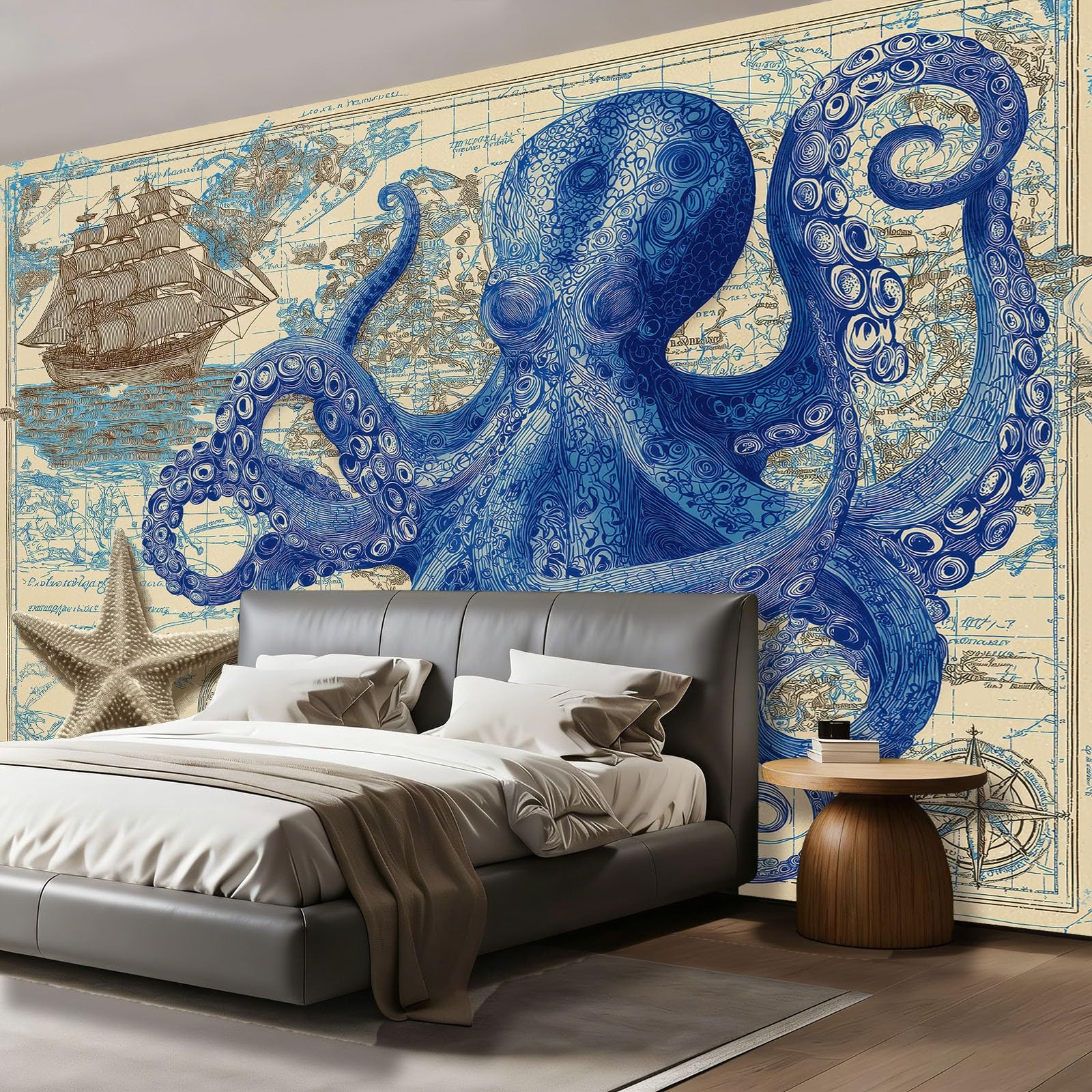 Tapeta ścienna 350 x 256 cm do salonu sypialnia kuchnia - Design z ilustracją morską ośmiornica mapa - łatwa w montażu, drukowana w wysokiej rozdzielczości, wodoodporna i łatwa do czyszczenia