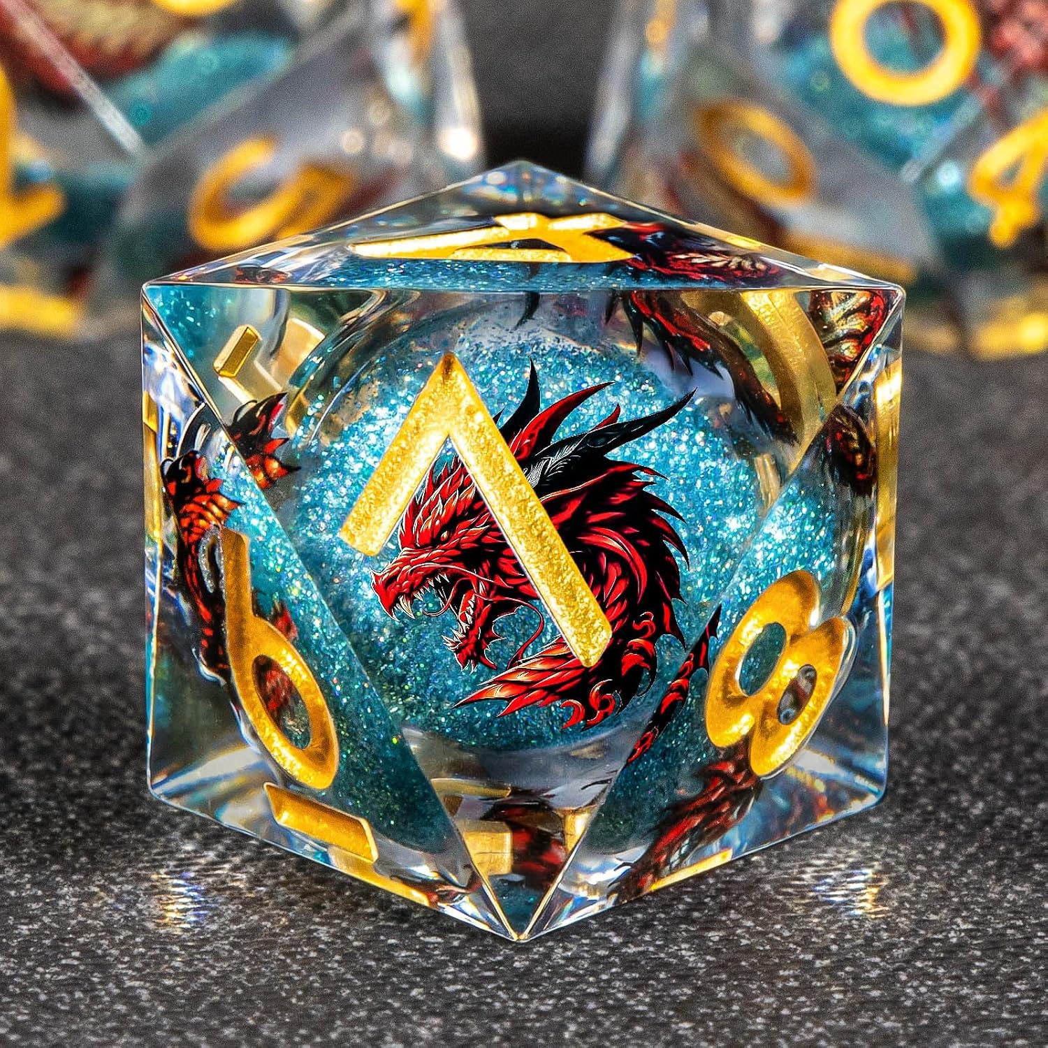 KERWELLSI Liquid Core Dragons Pattern Dice, Resin DND Dice Set with Gift Box, Blue and Gold Sharp Edged Dungeons D&D Dice, Role Playing Game Dice D20 D12 D10 D8 D6 D4