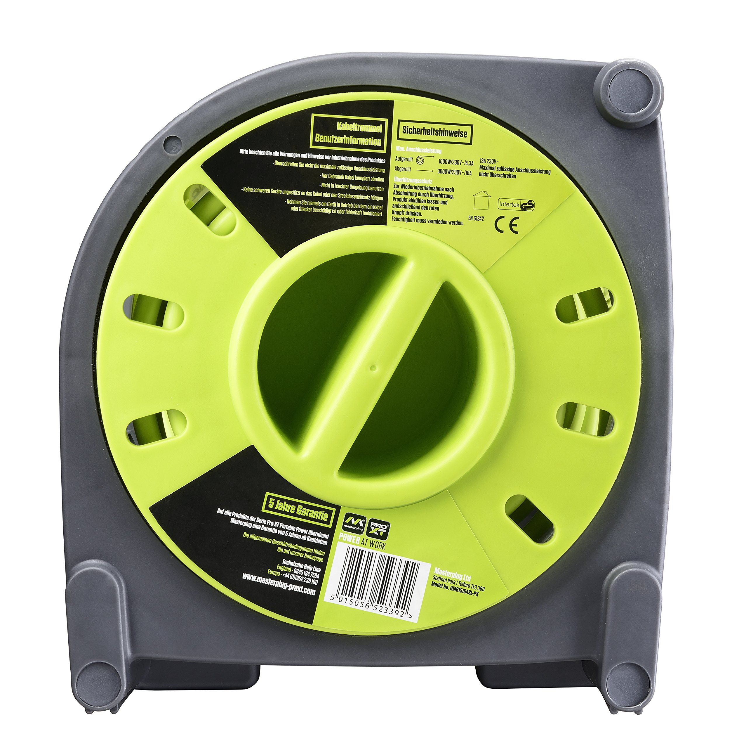 Masterplug Pro-XT Avvolgicavo 15 metri, 4 Prese Universali prolivalent: Bipasso, EU, Schuko, Prolunga Elettrica 16A, Indicatore LED, Cavo Alta Visibilità
