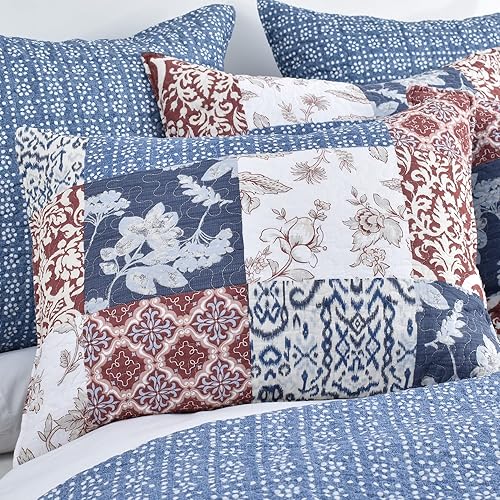 Miniatura 4 de Juego de edredón individual de 2 piezas, colcha reversible acolchada 100% algodón con fundas, hermoso patrón floral para todas las estaciones (azul)