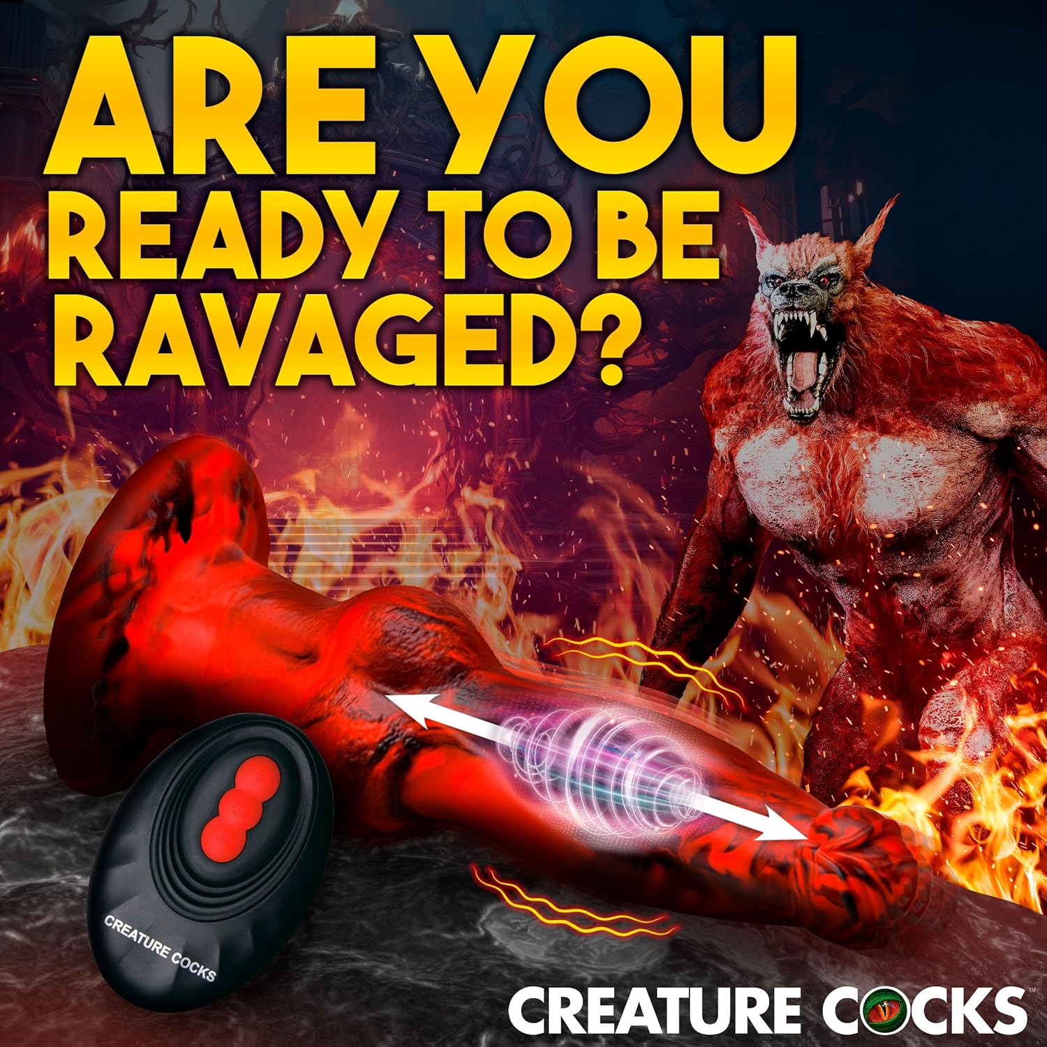CREATURE COCKS Hell Wolf Thrusting & Vibrating Silicone Dildo w/Remote Control for Men, Women, & Couples.Fantasy Dildo, Thrusting and Vibrating. Waterproof & Rechargeable. 2 Pieces, Red & Black.