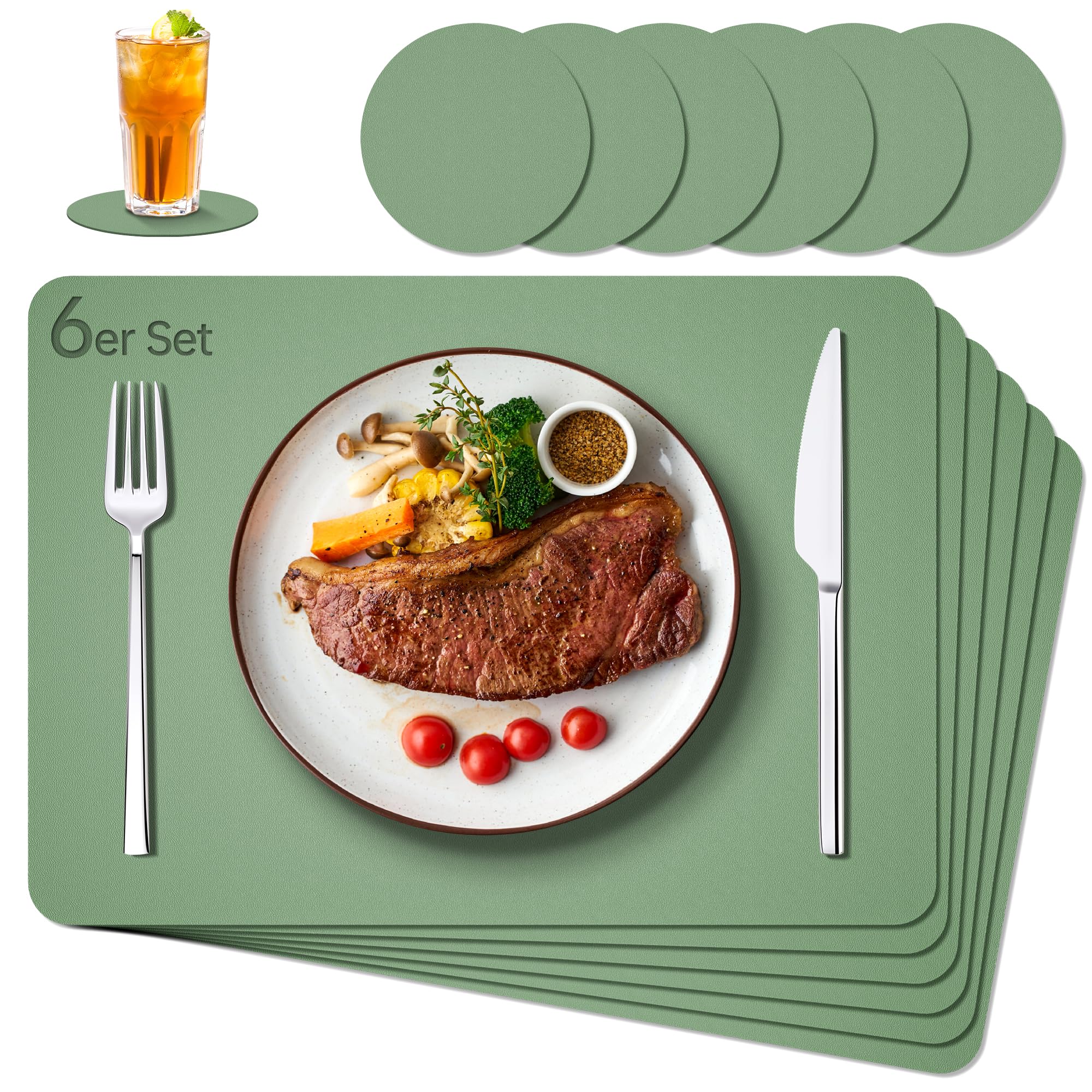 IKWOLETI Tischsets Abwaschbar mit Untersetzer - Platzsets Abwaschbar aus Kunstleder - Doppelseitige Platzdeckchen in Lederoptik - Ideal für Küche und Büro