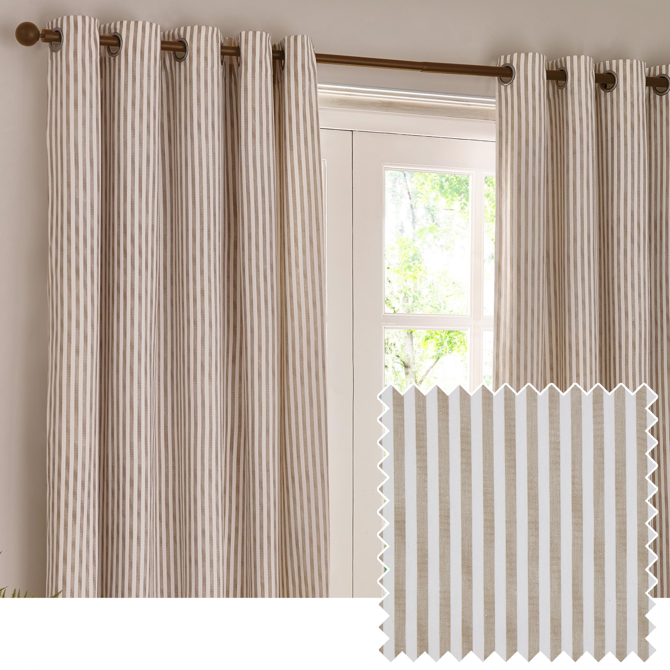 Yard furn Hebden Eyelet Curtain Pair – Ultra Soft Cotton Lined Striped Curtains (Natural - 117x183cm)