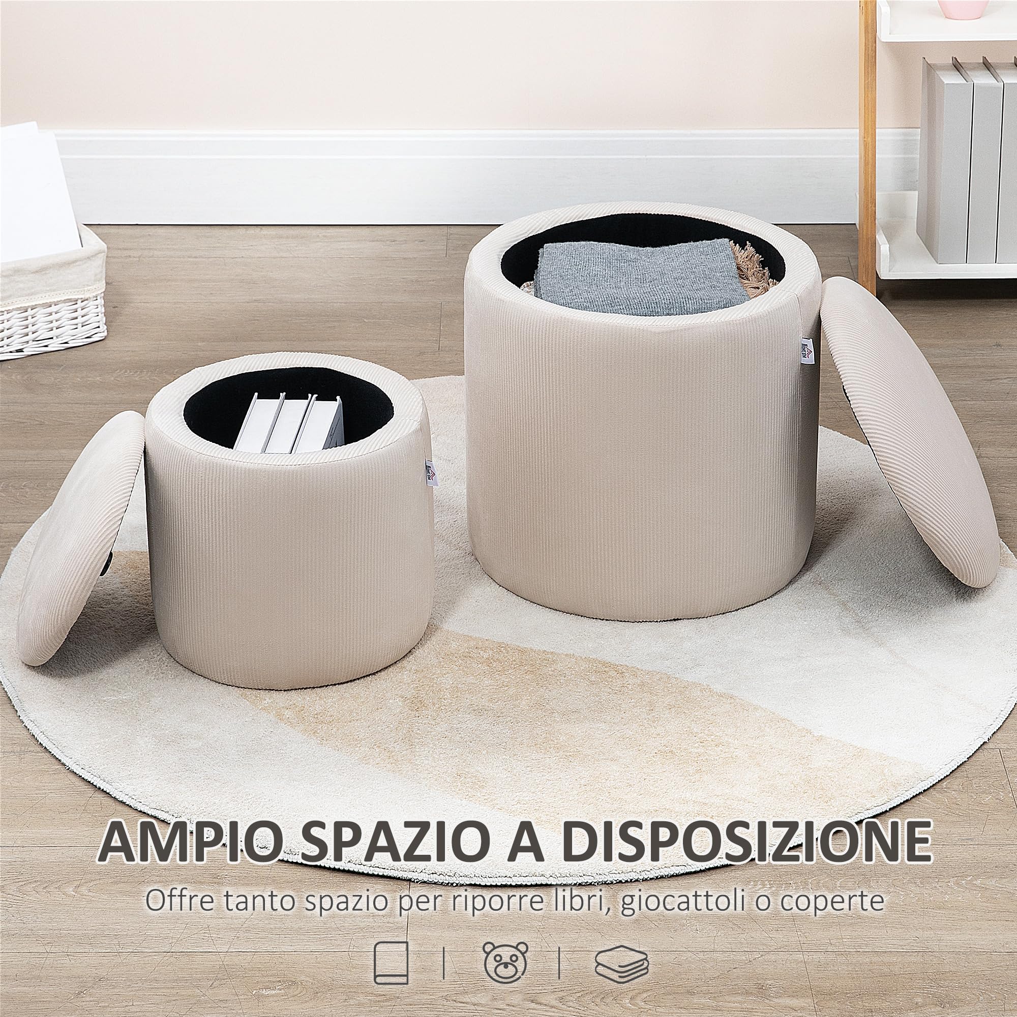 HOMCOM Set di 2 Pouf Contenitore Salvaspazio in Velluto a Coste, Sgabelli Imbottiti Rotondi con Coperchio per Salotto e Camera da Letto, Pouf Poggiapiedi Moderno, Carico 100kg, Bianco Crema