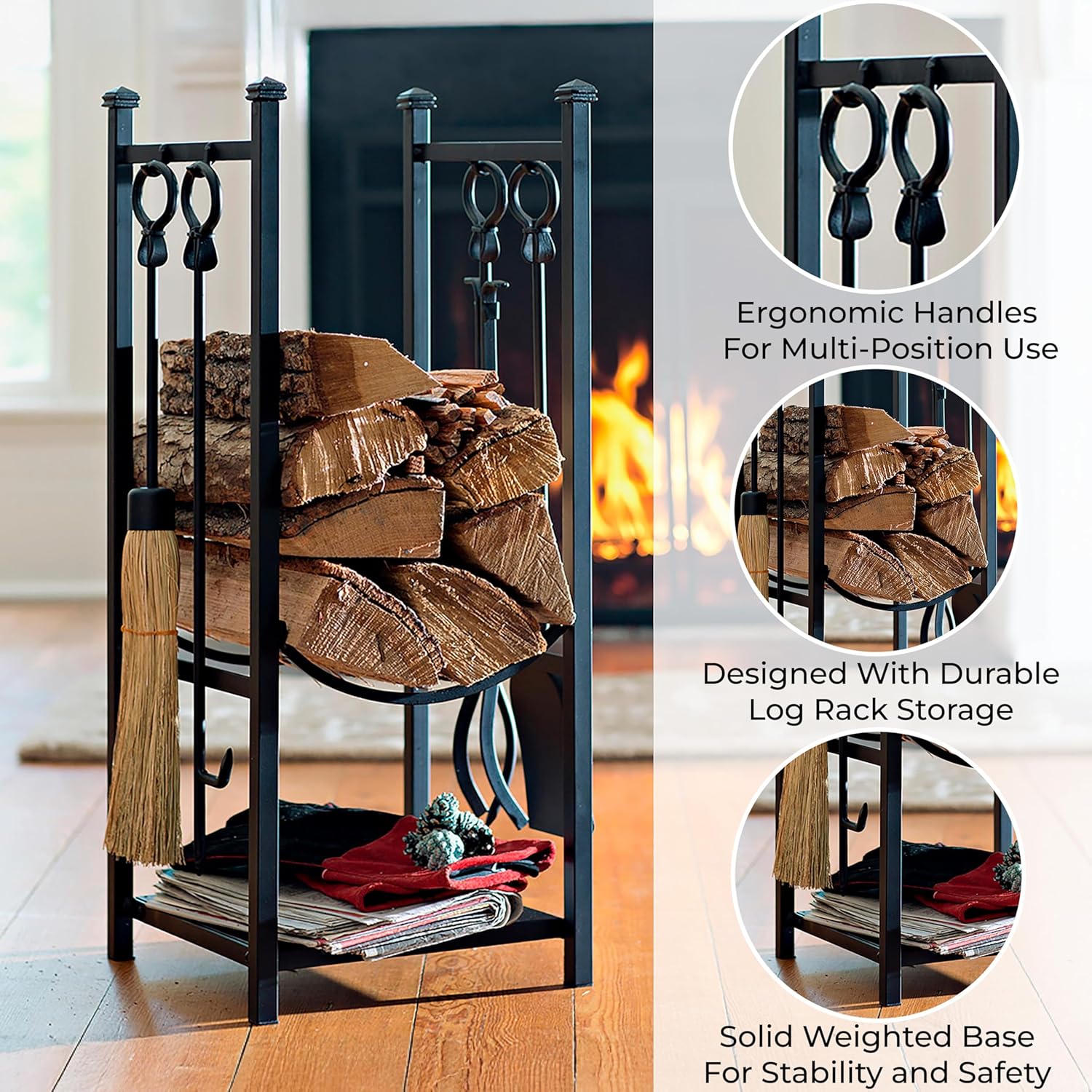 Plow & Hearth 13409BK 13409-BK Fireplace Tool Set, Black, Alloy Steel, 13"W x 10"L x 6"H